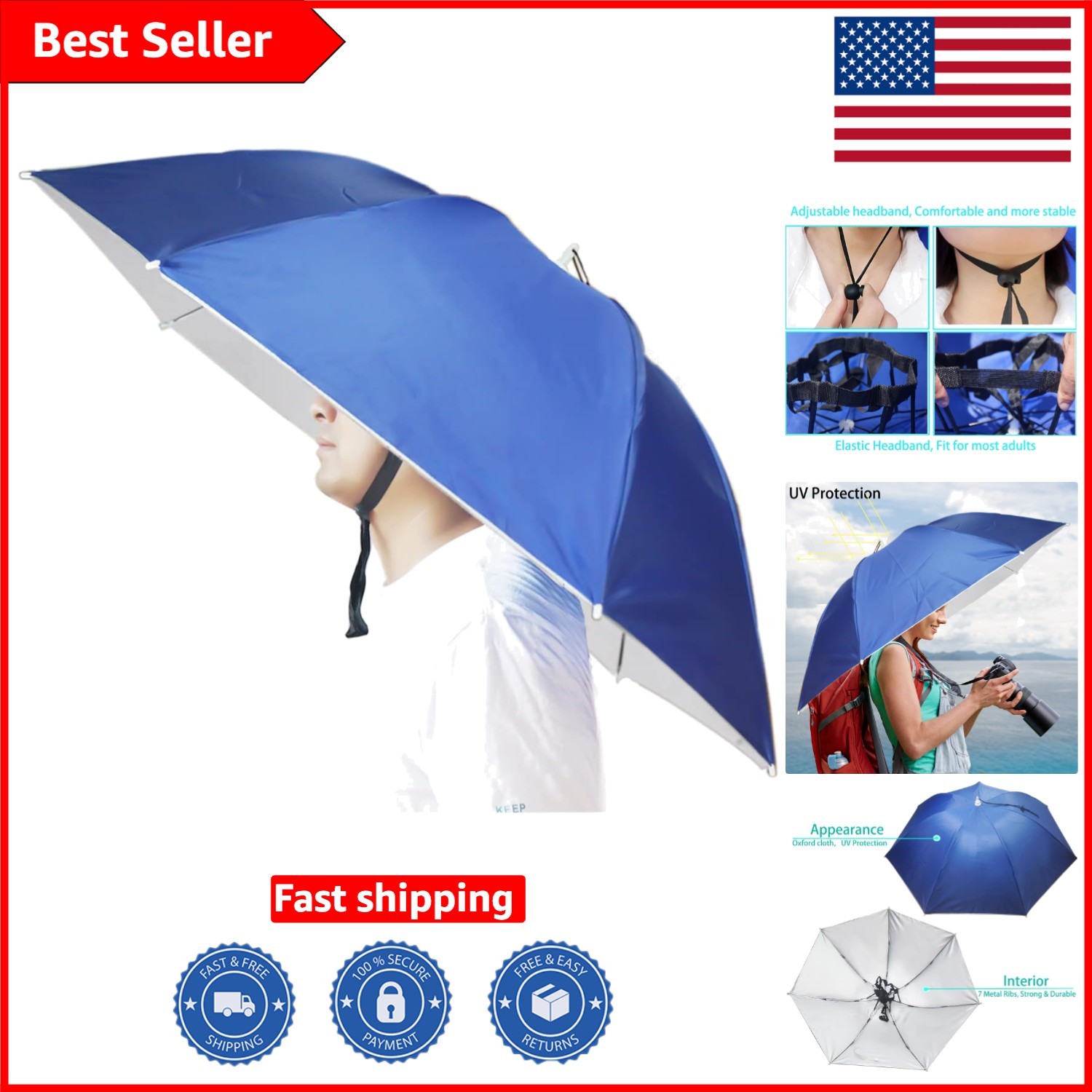 Durable 37-Inch Umbrella Hat with Waterproof Oxford Cloth - Perfect for Fishing