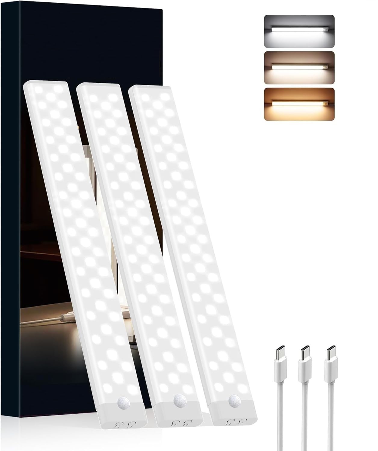 Under Cabinet Lighting Wireless, 3 Packs Rechargeable Motion Sensor Light Ind...