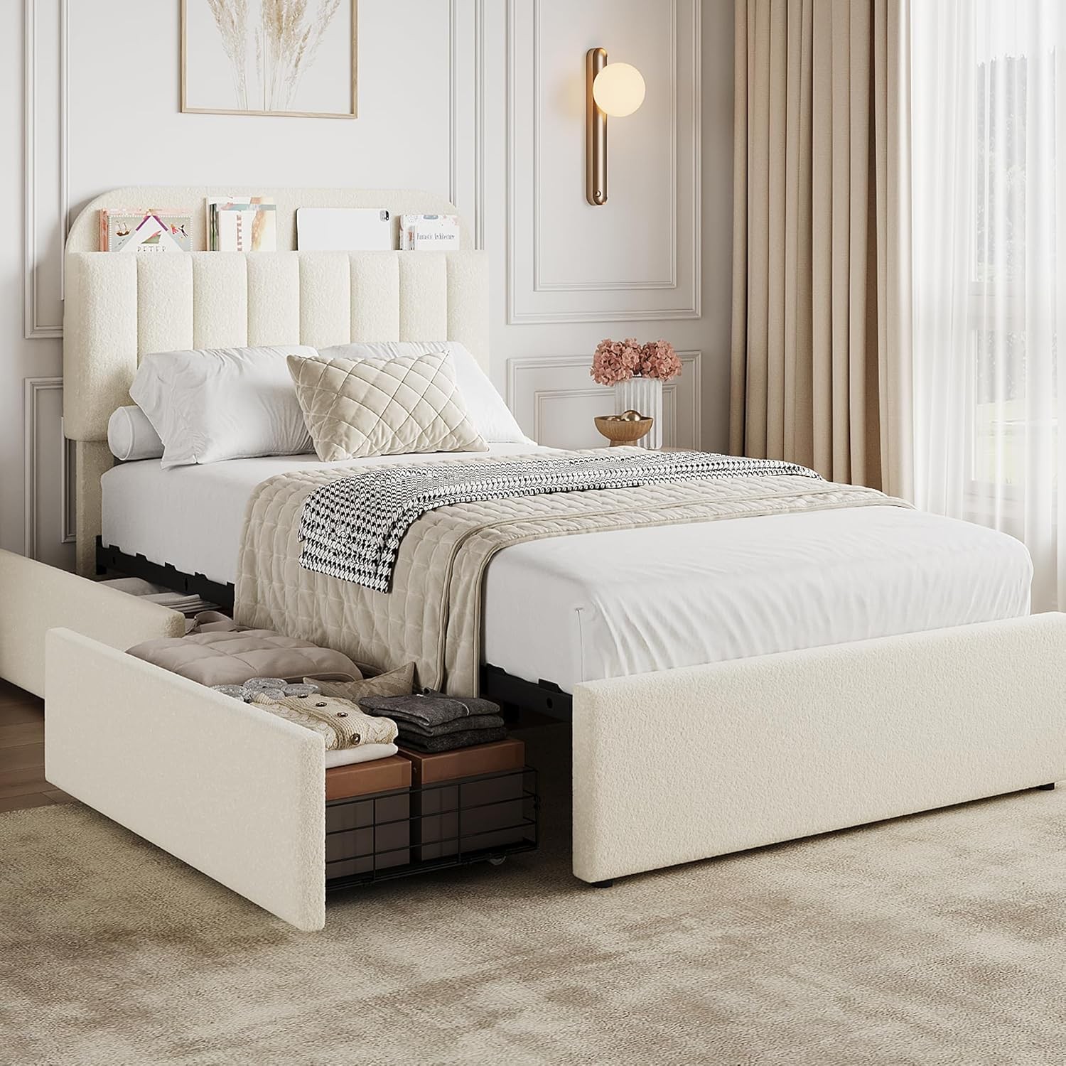 Beige Twin Size Bed Frame Upholstered Platform Bed with Headboard & 2 Drawers