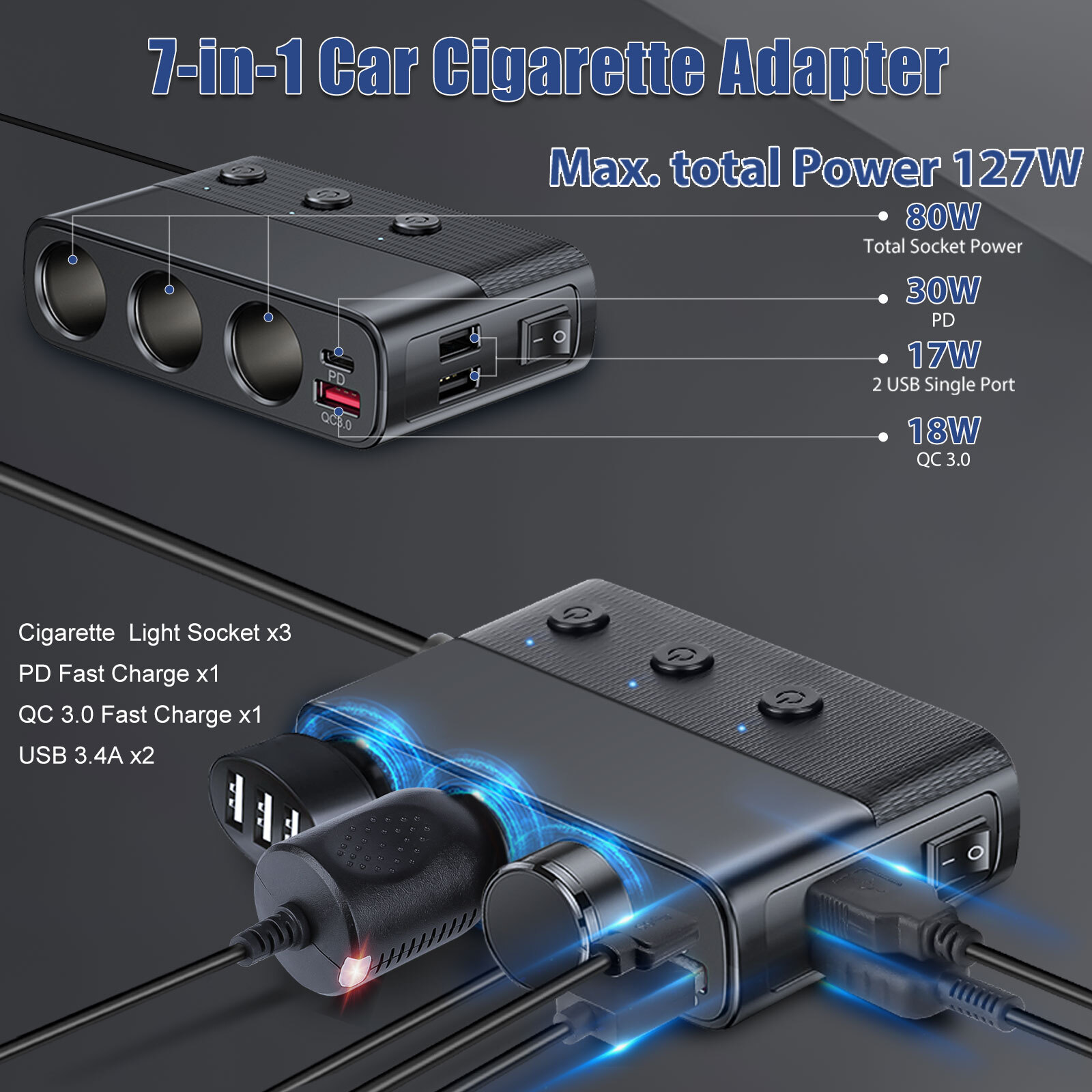 3 Way Car Cigarette Lighter Socket Splitter USB Fast Charger Power Adapter 12V