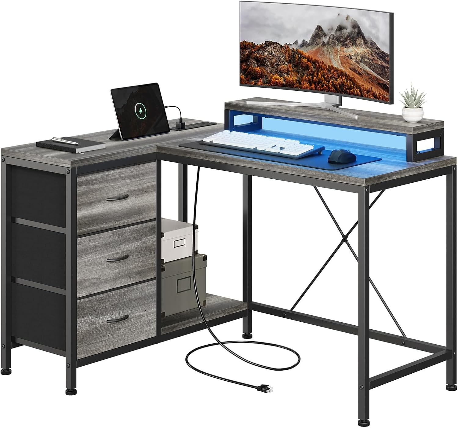 L Shaped Gaming Desk with LED Lights & Power Outlets, 3-Drawer Computer Desk