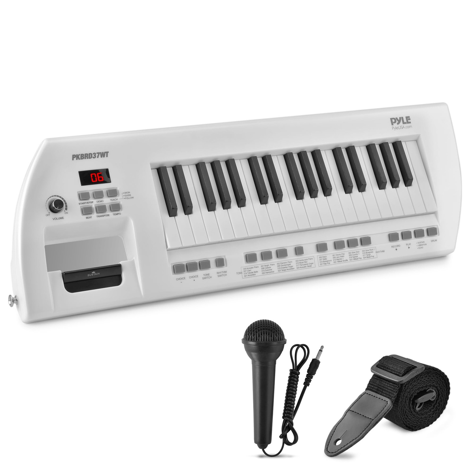 PYLE Electric Piano, 37 Keys Keyboard 200 Rhythms, White