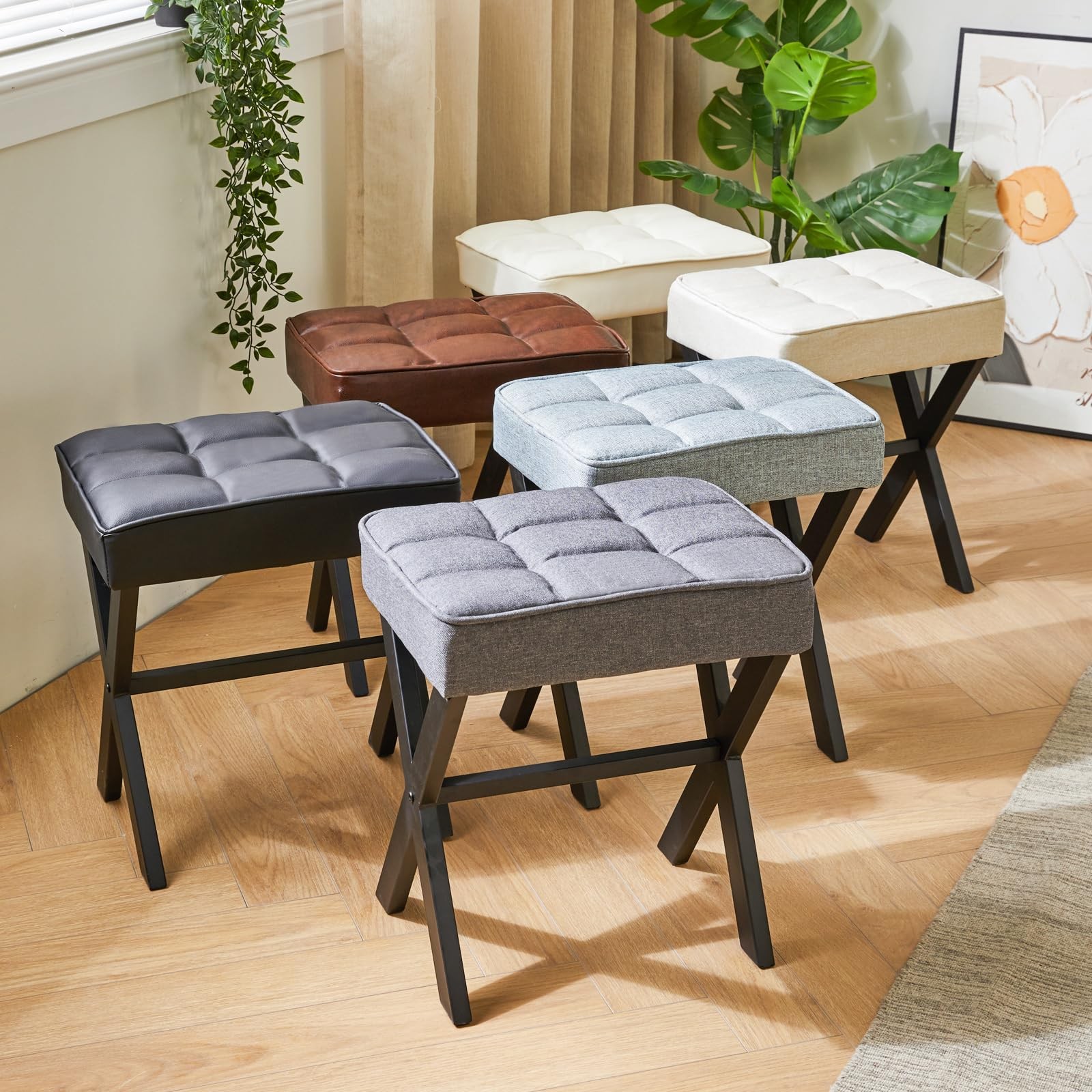 Square Makeup Stool with X-Leg Foot Rest, PU Footrest Stool, Ottoman Seat Van...