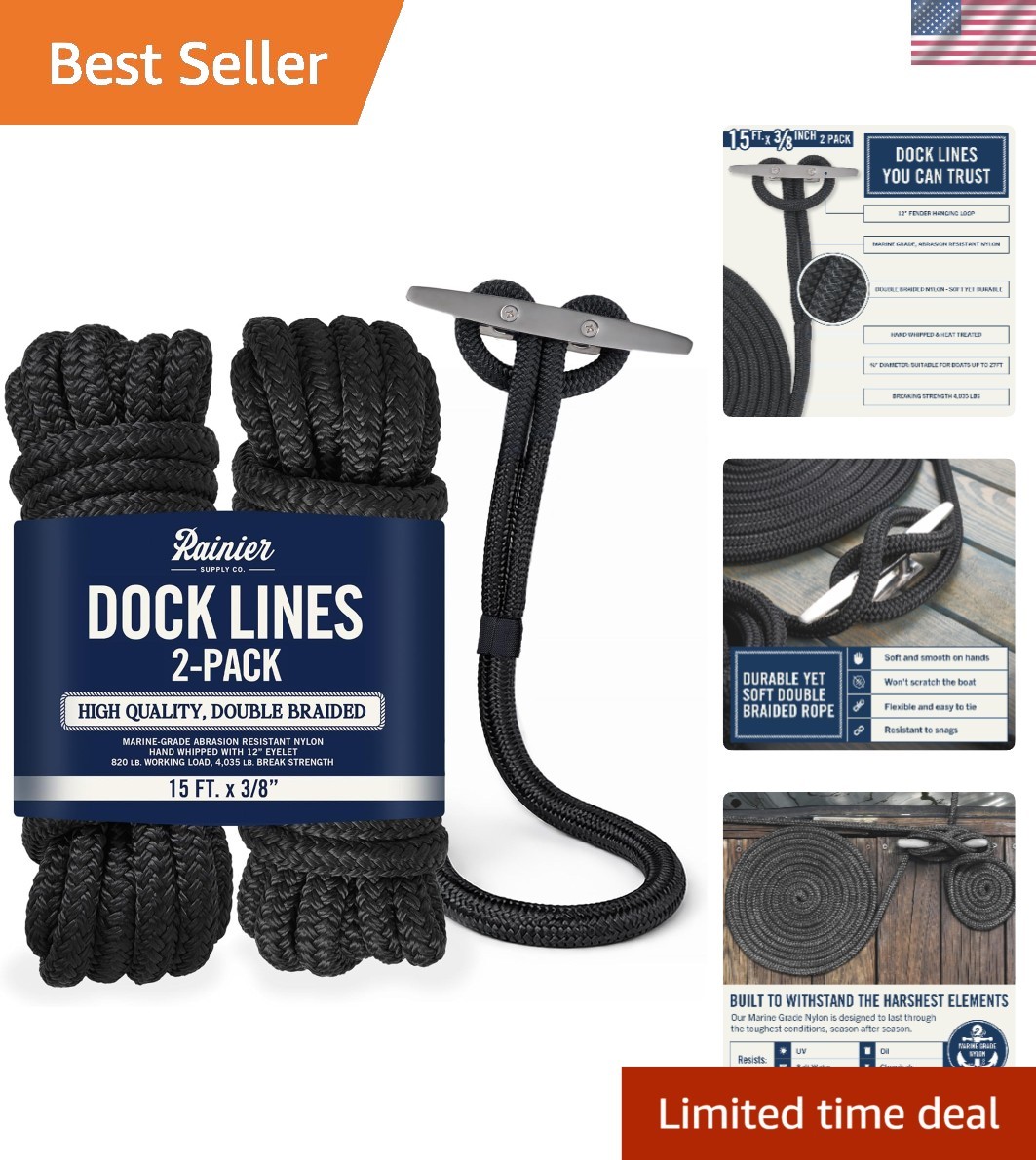20,000lbs Tested Dock Lines - 2-Pack 15ft x 3/8in Marine Ropes in Black