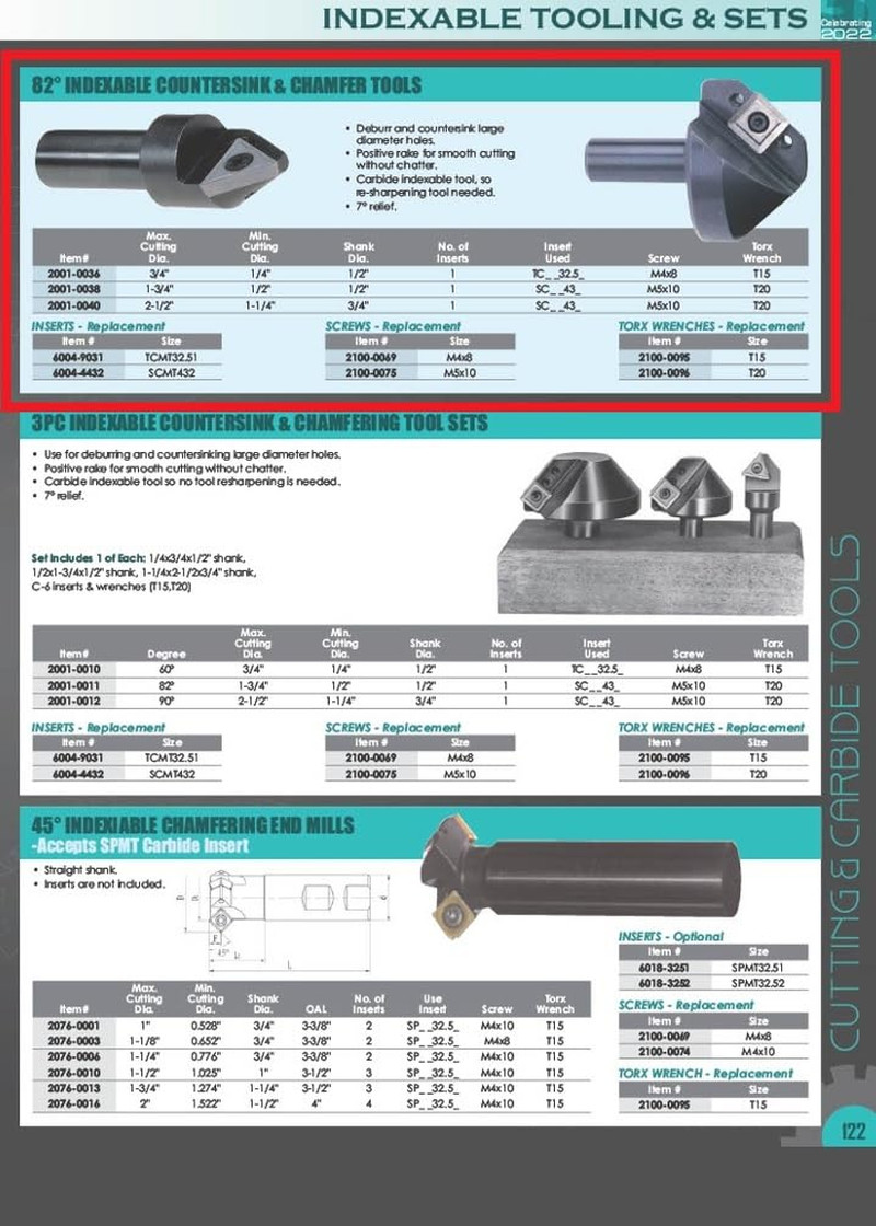 2001-0038 1/2-1-3/4 Inch Indexable Countersink & Chamfer Tool, 82 Degree