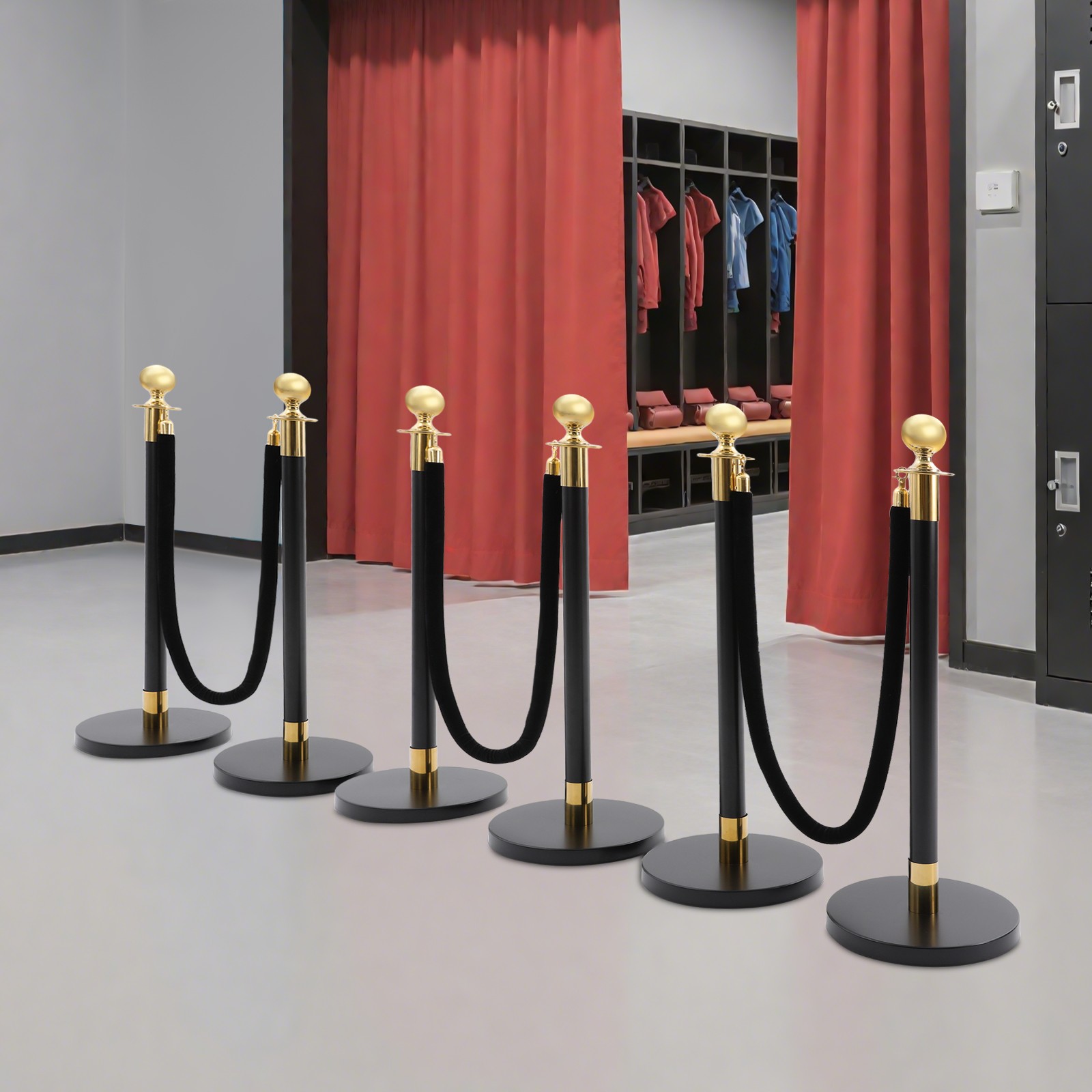 6 PCS Black Stainless Stanchion Posts w/ 4 Ropes Crowd Control Queue Barrier NEW