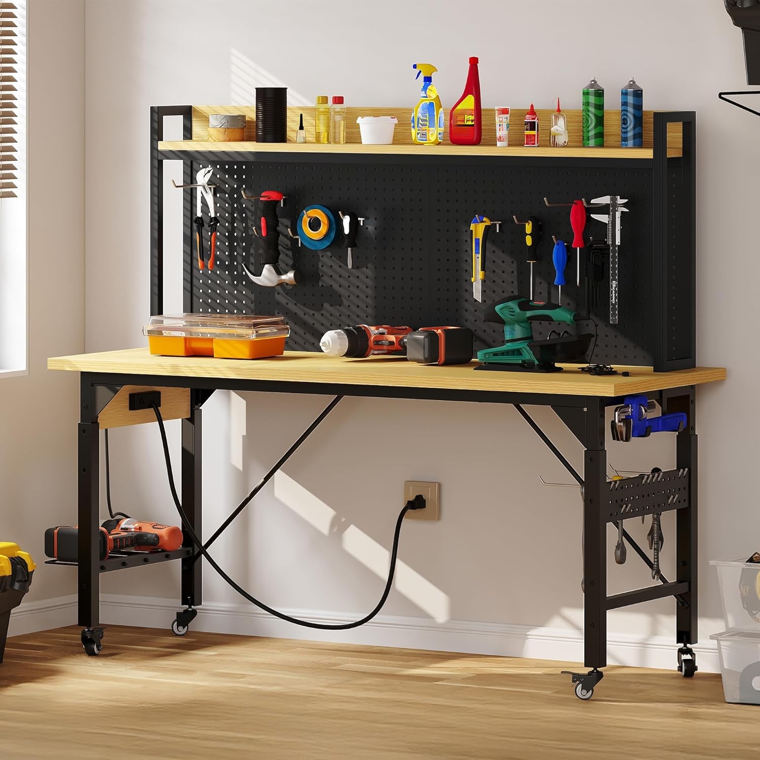 Rolling Workbench Adjustable Garage Table with Pegboard