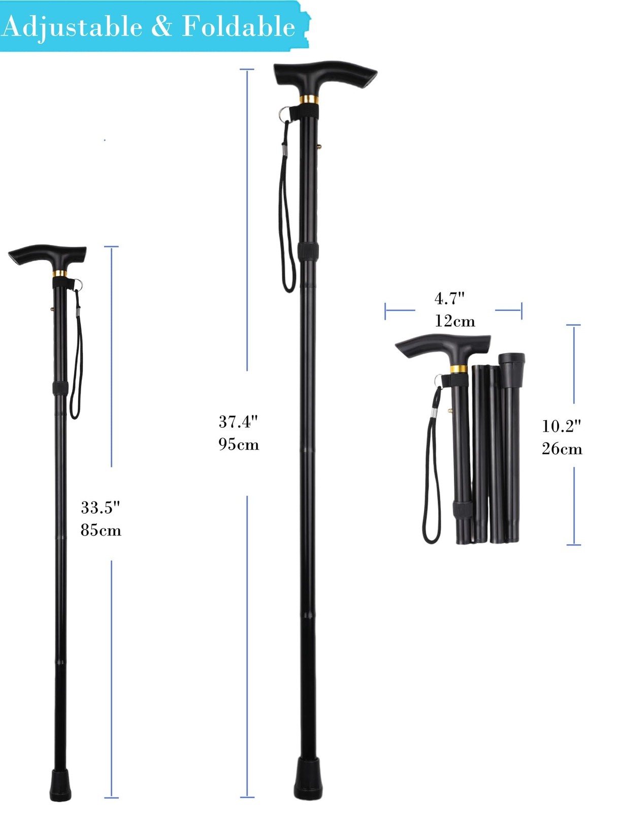 Comfkey Folding Lightweight Walking Stick - Adjustable Aluminum Metal Black