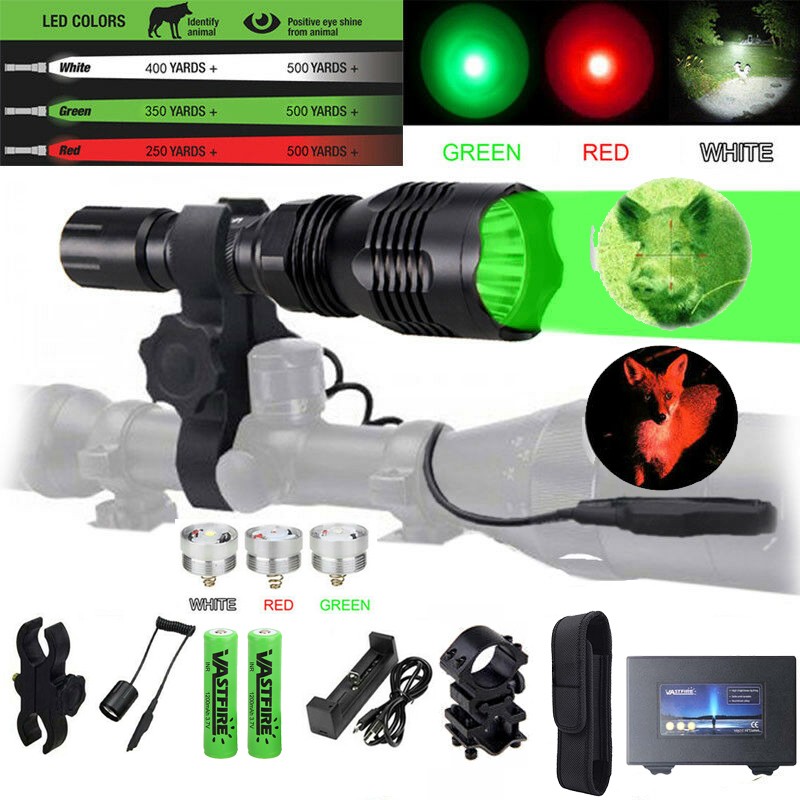Hunting Red/Green/White Light 3LEDs Flashlight Predator Torch w/ Two Free Mounts