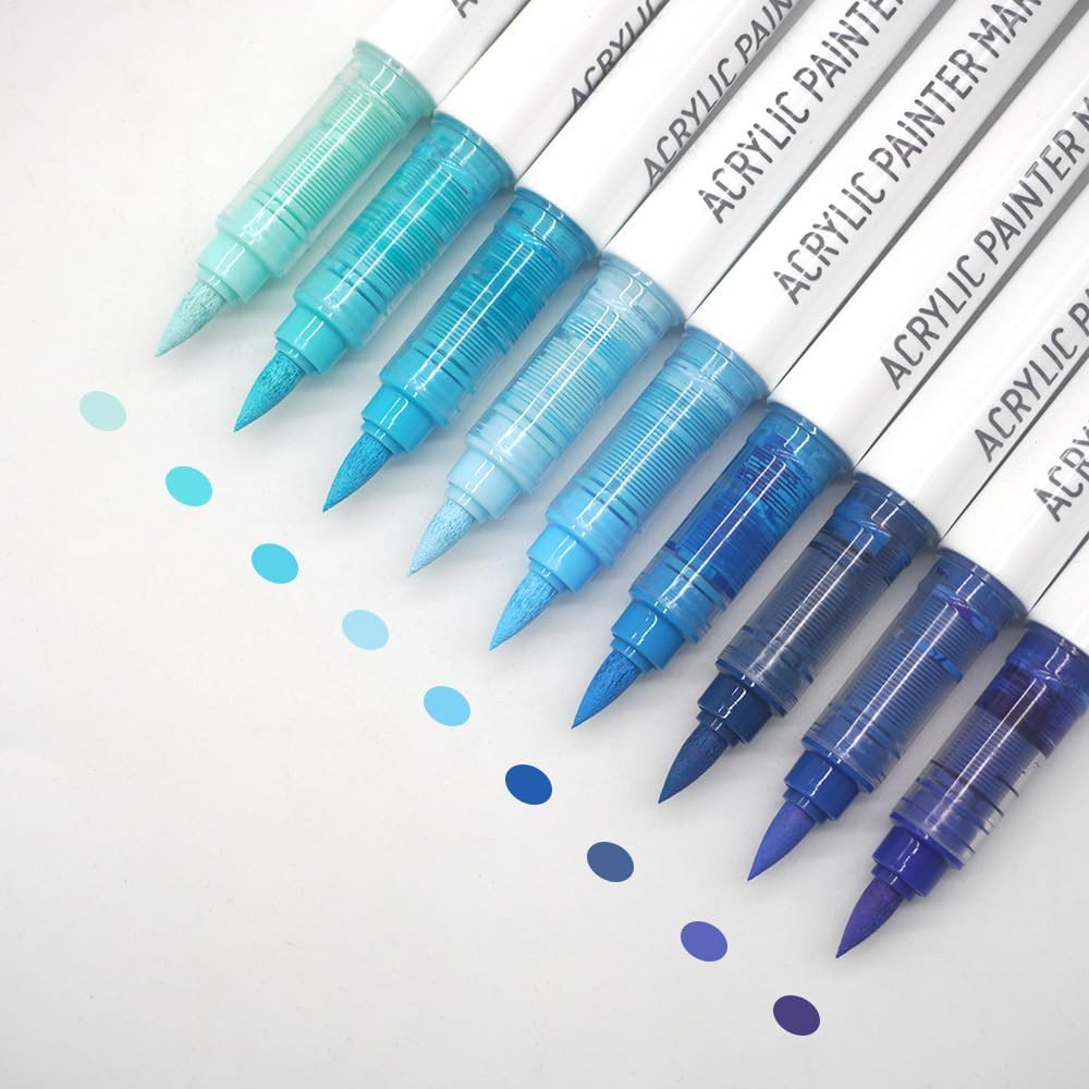 Water Based Acrylic Paint Markers Blue, 9 Colors Acrylic Paint Pens Set with Sof