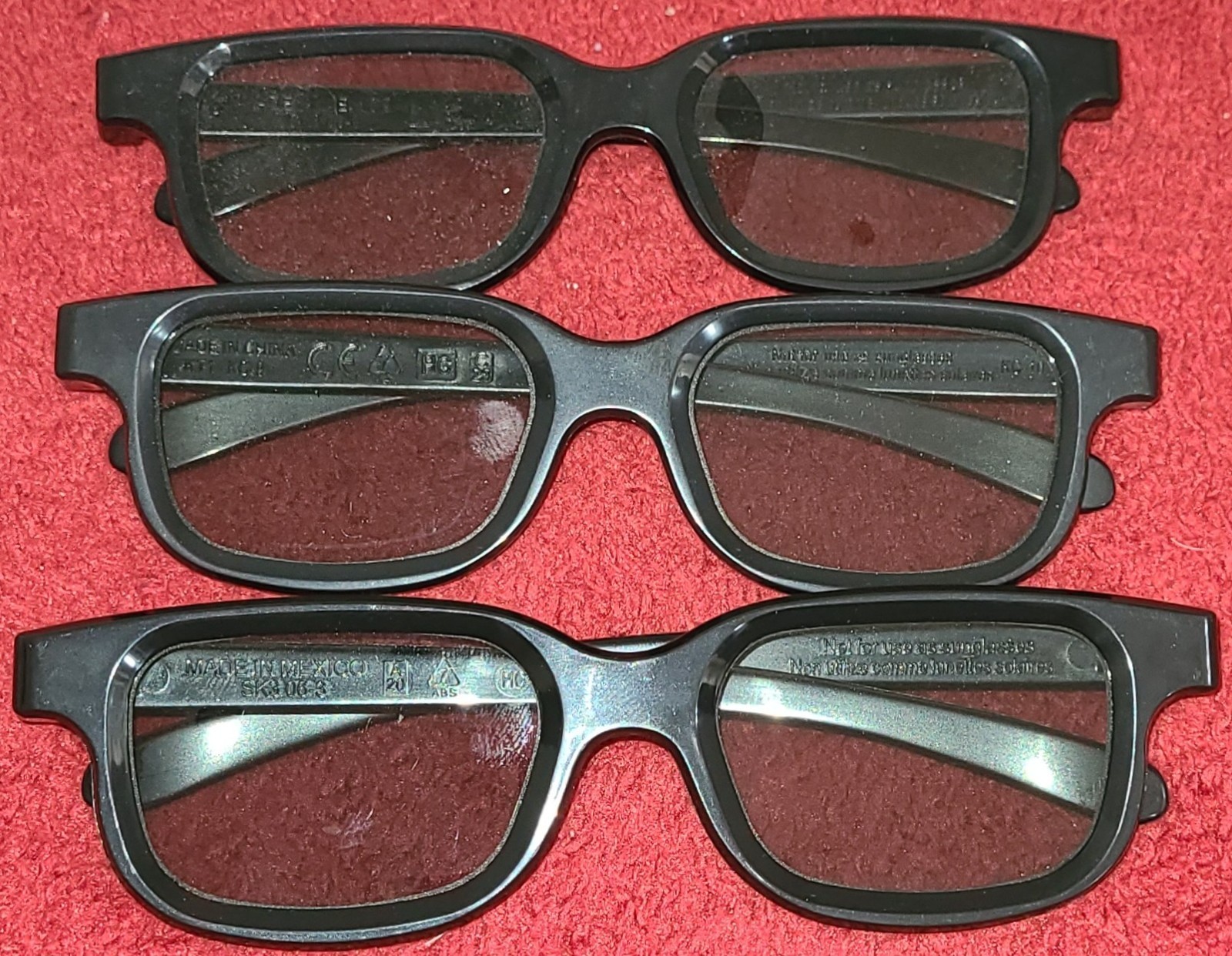 lot of 3 lightweight 3D Real D movie glasses, NOT SUNGLASSES, one size adult kid