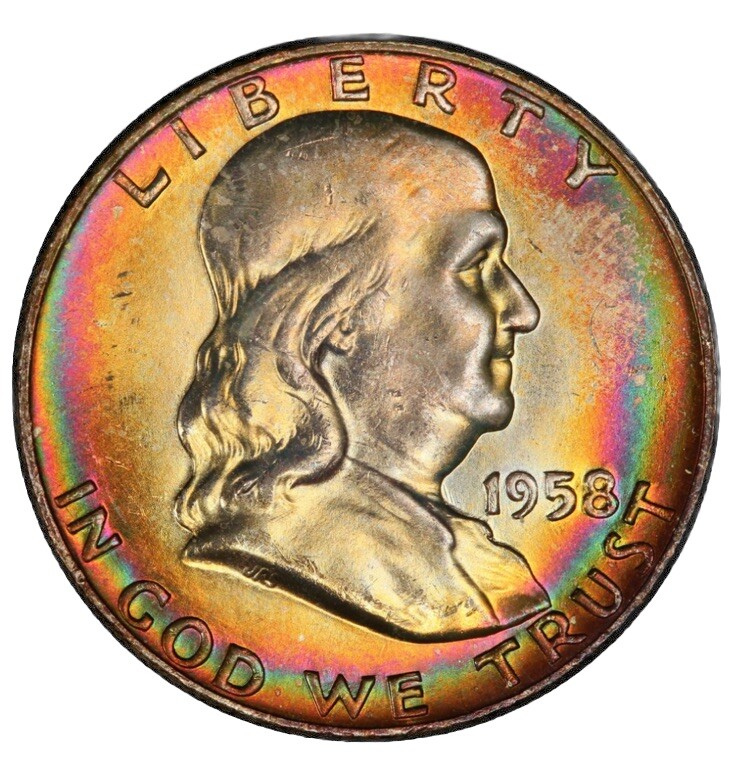 1958 D Franklin Half Dollar PCGS Goldshield MS65 Monster Rainbow Toned