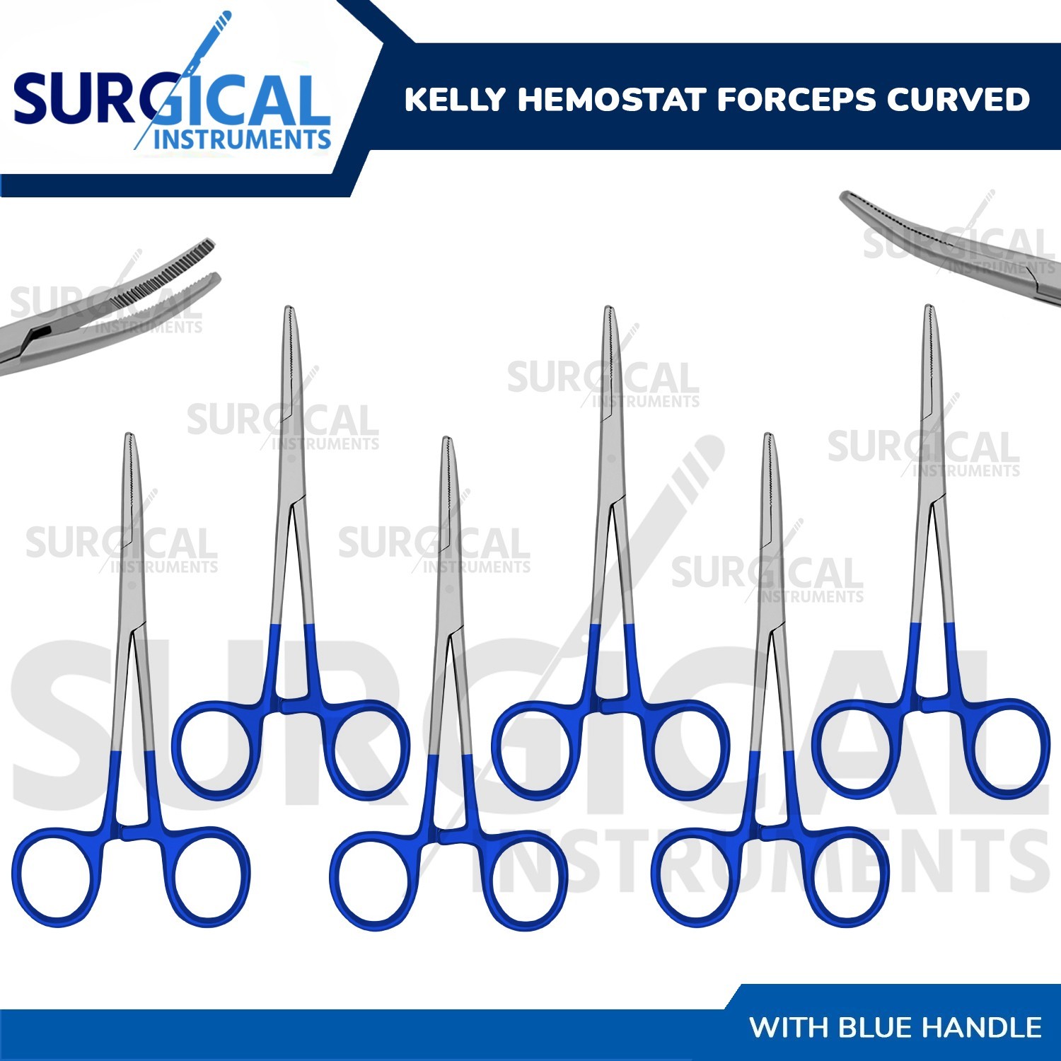 BLUE - 6 Pcs Kelly Hemostat Forceps 5.5" Curved Surgical Dental German Grade