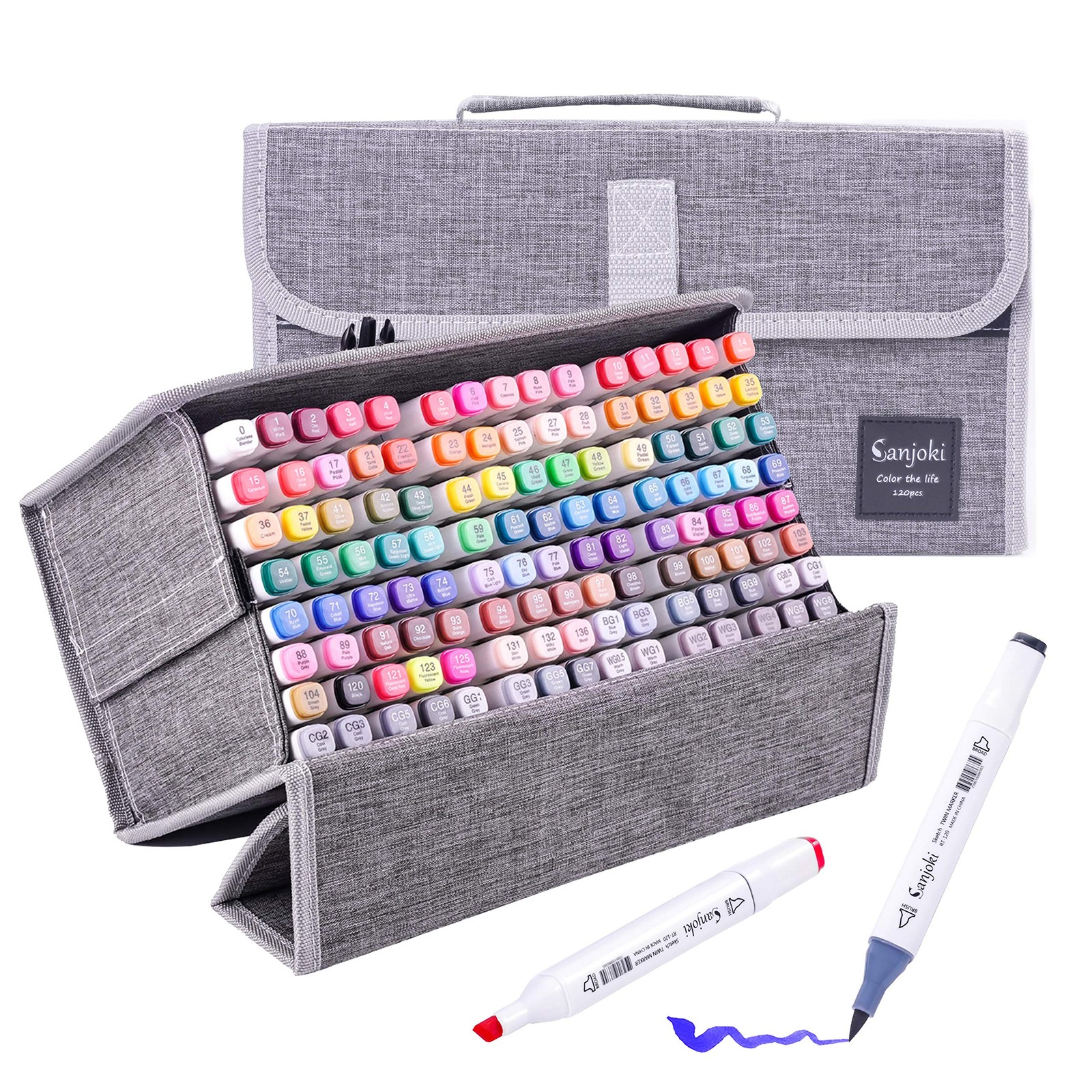 Sanjoki Marker Pen Set, 120 Colors, Soft Brush, Thick and Fine Double-Ended