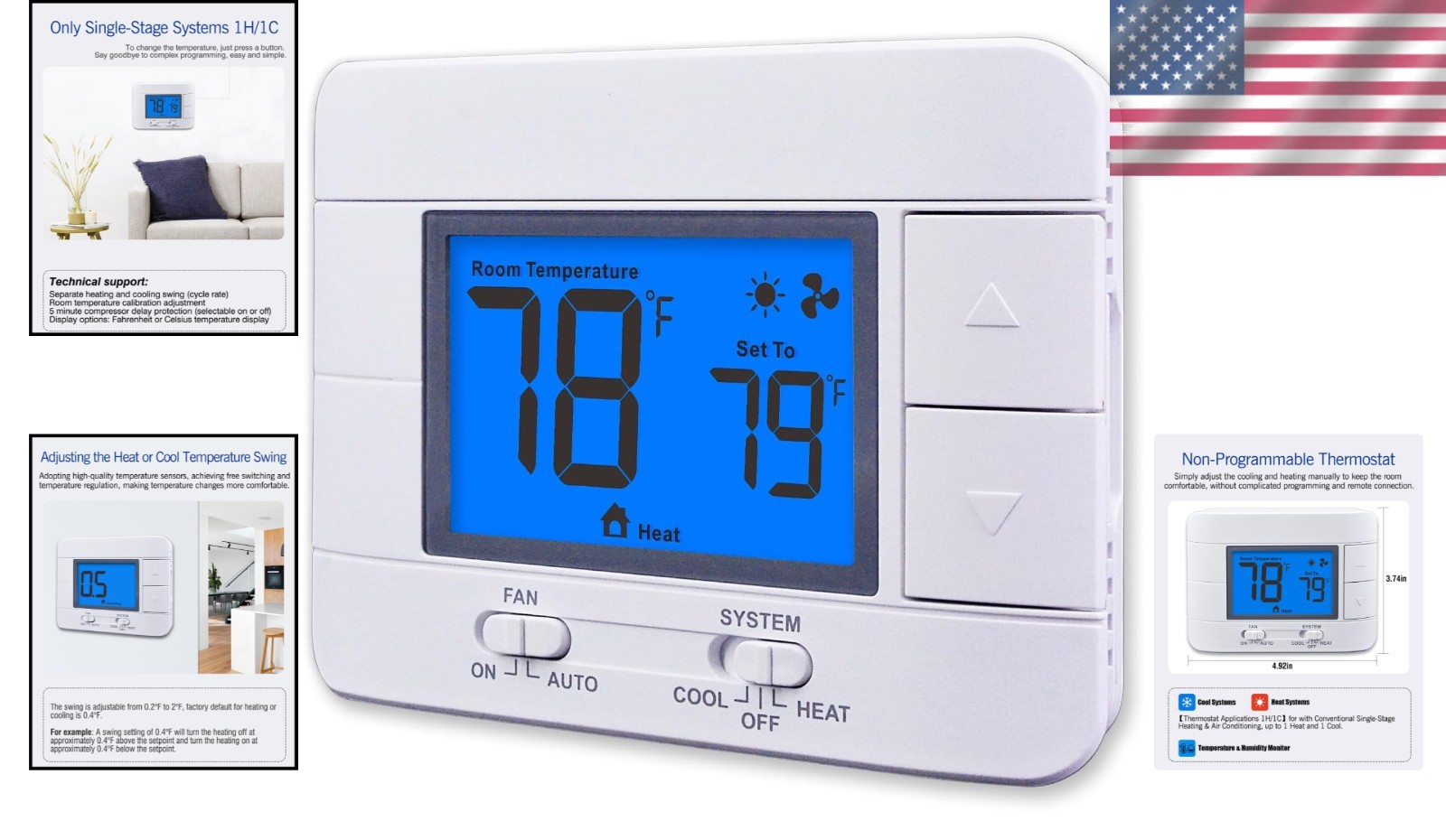 Non-Programmable Thermostat for 1 Heat/1 Cool Systems with Blue Backlit Display