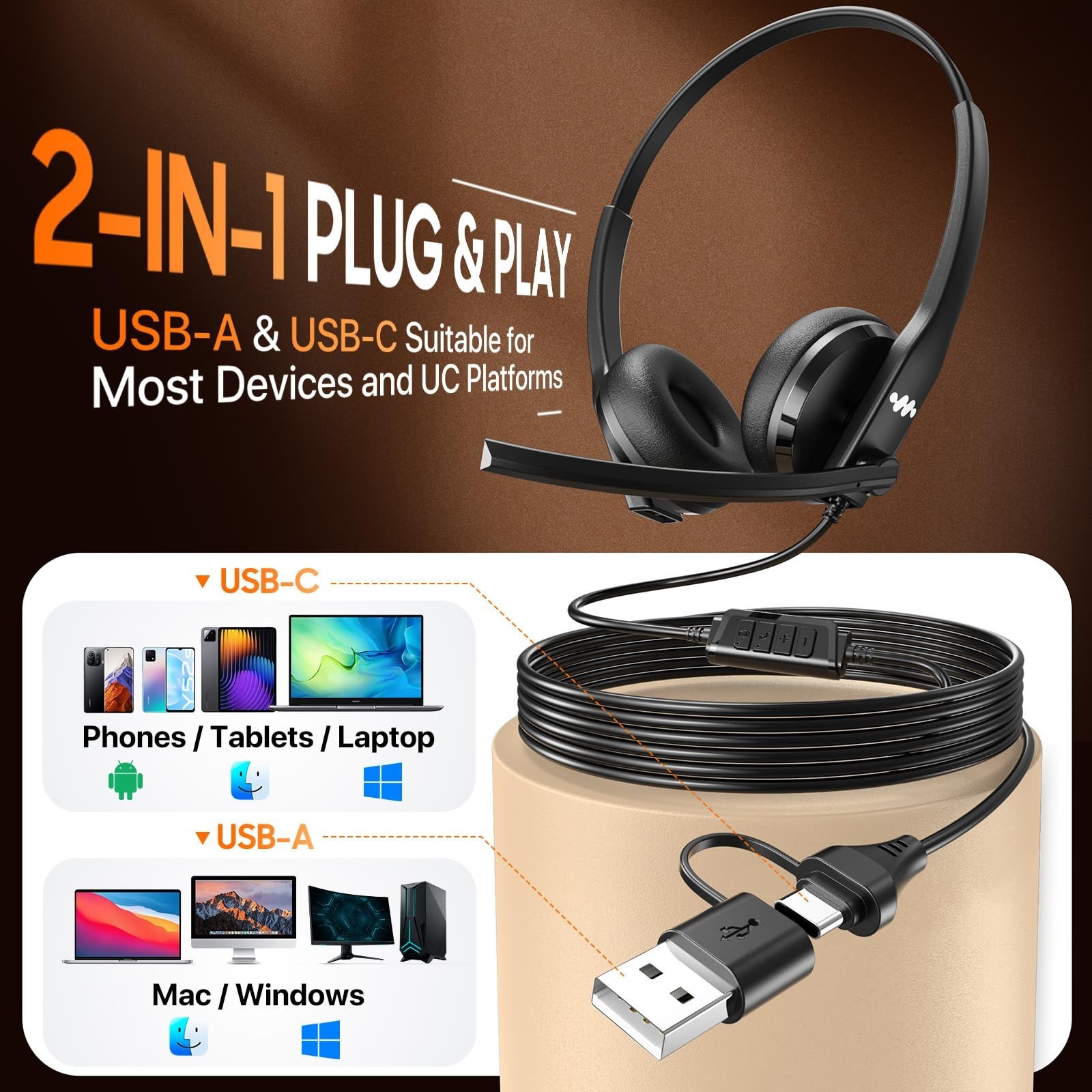 USB Headset with Mic Noise Cancelling USB-A USB-C Black