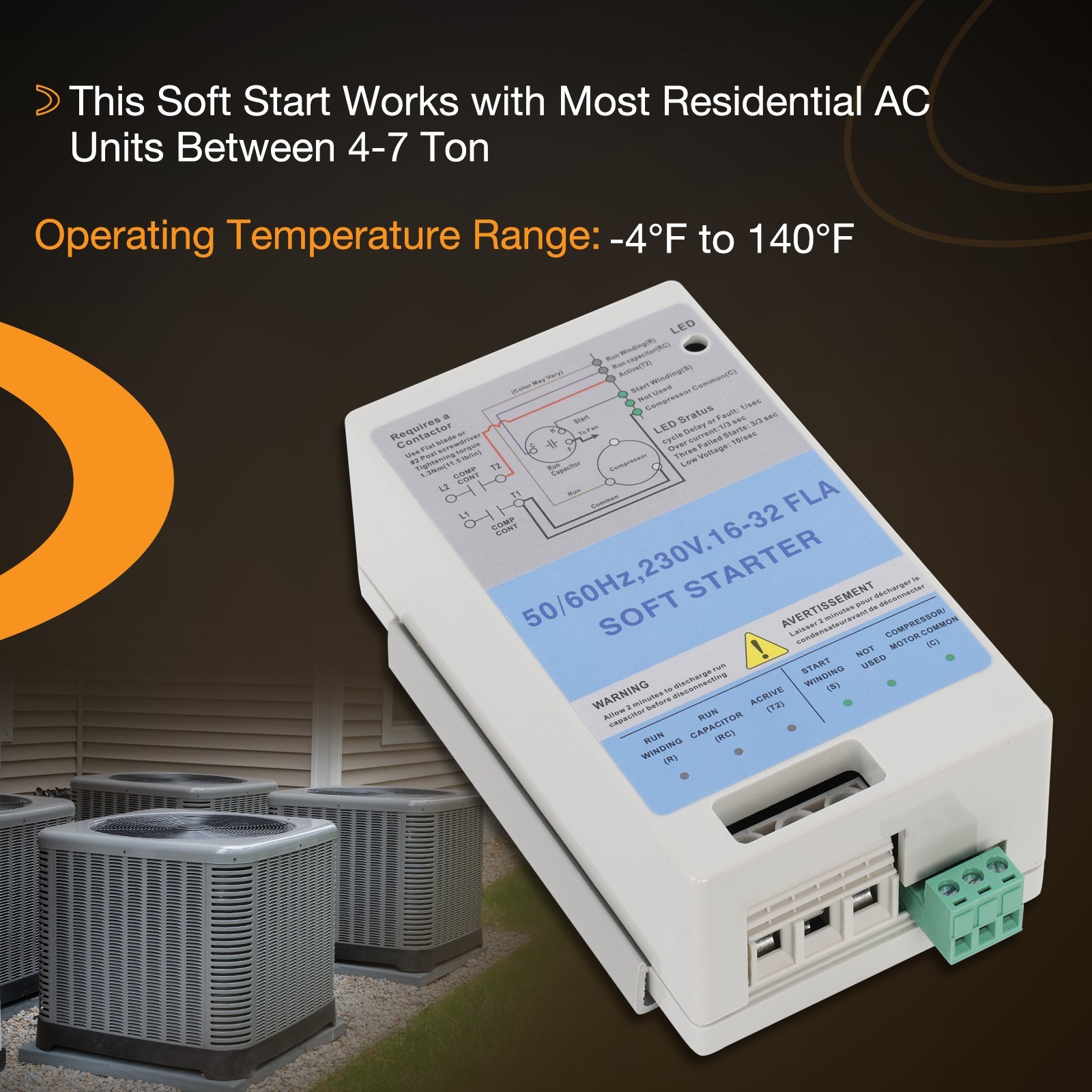 AC Soft Starter w/ Reverse Motor Protection 16-32A For 4-7 Ton AC Install Kit