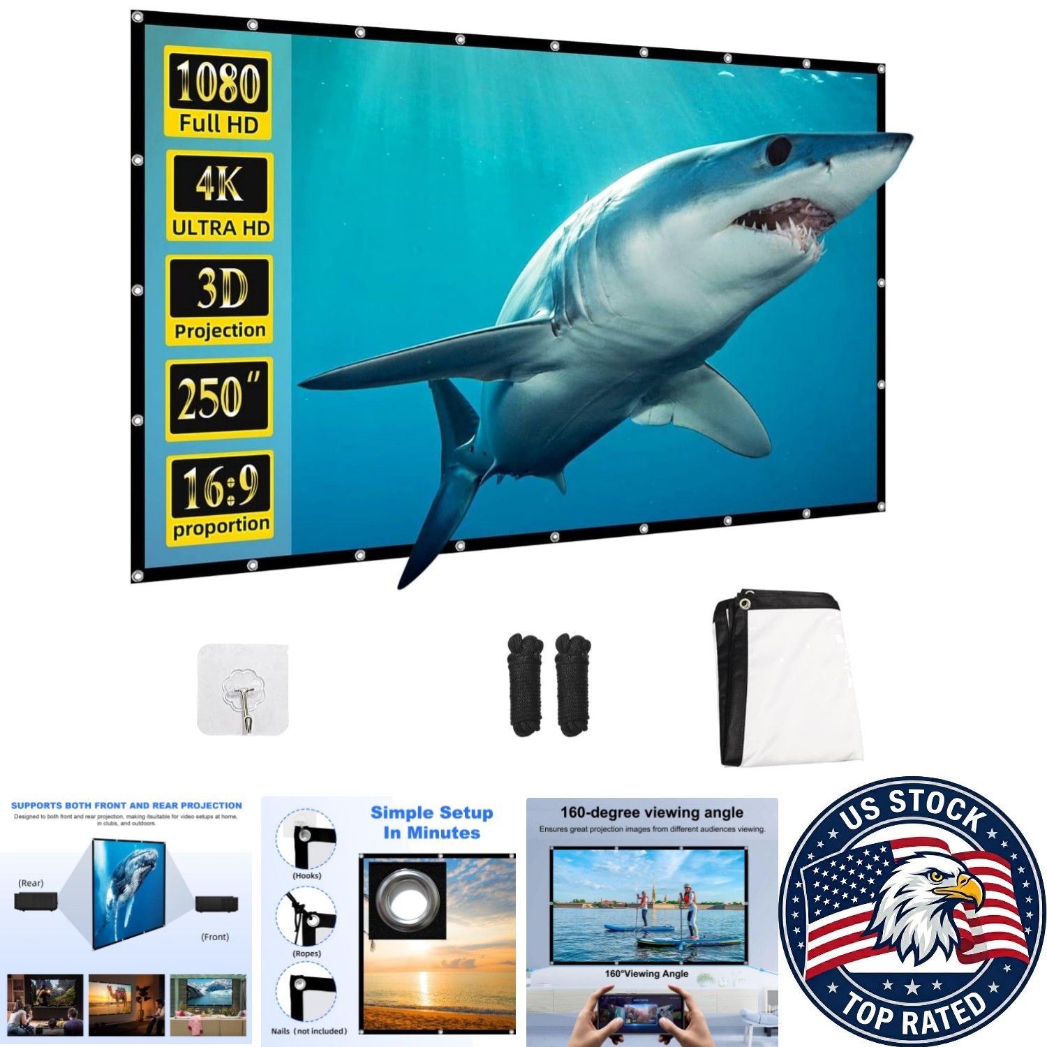 4K 250-Inch Washable Projector Screen - Easy Setup for Home Theaters & Backyards
