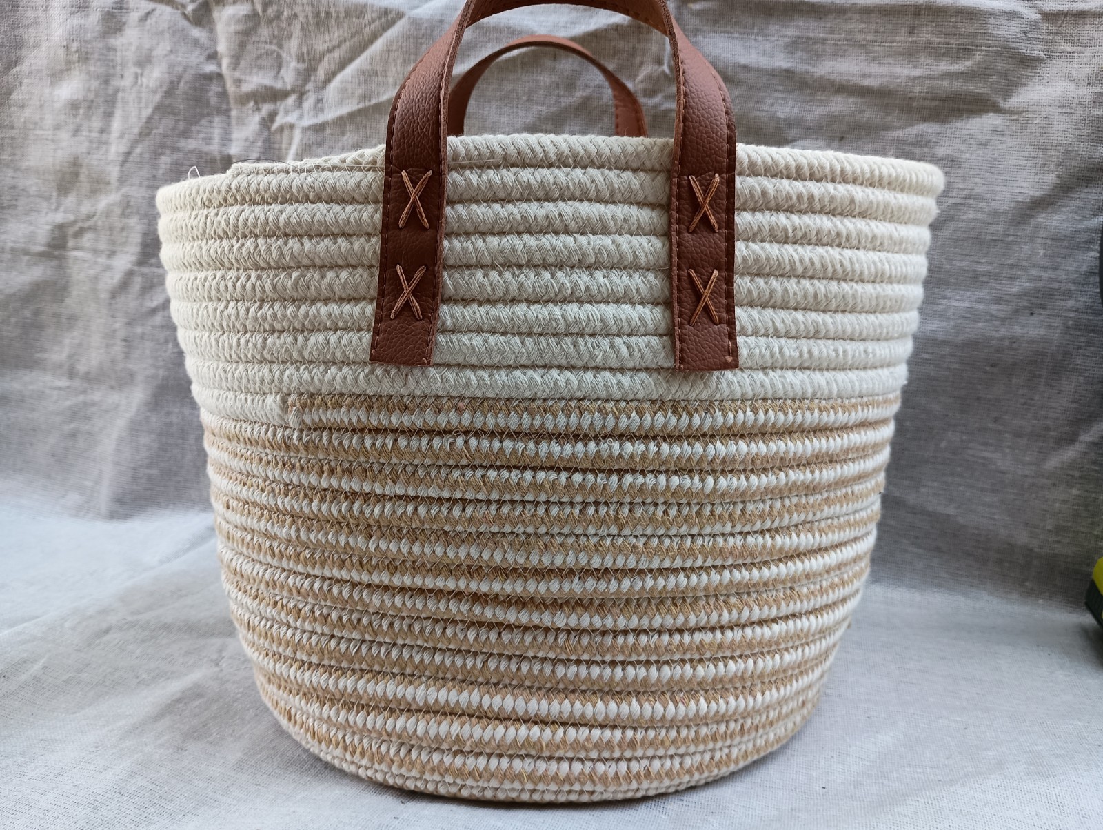 Round Woven Fabric Basket with Leather Handles