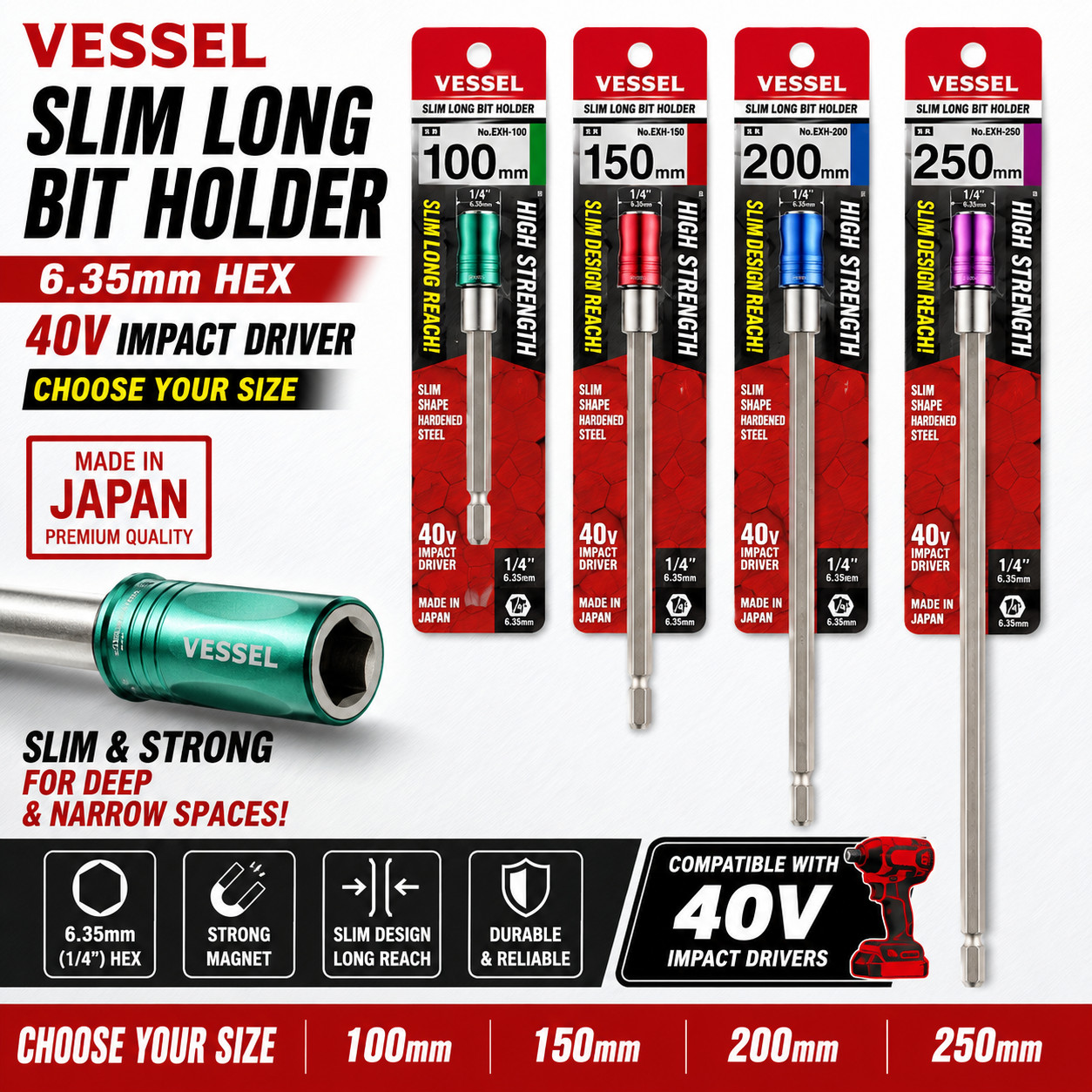 VESSEL Slim Long Bit Holder 6.35mm Hex 40V Impact Driver Choose Size Japan