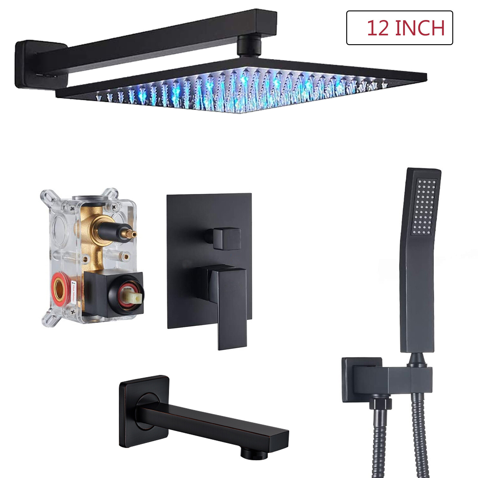 Black Shower Faucet Set 12" Rainfall Head Combo Kit Tub Filler with Mixer Valve
