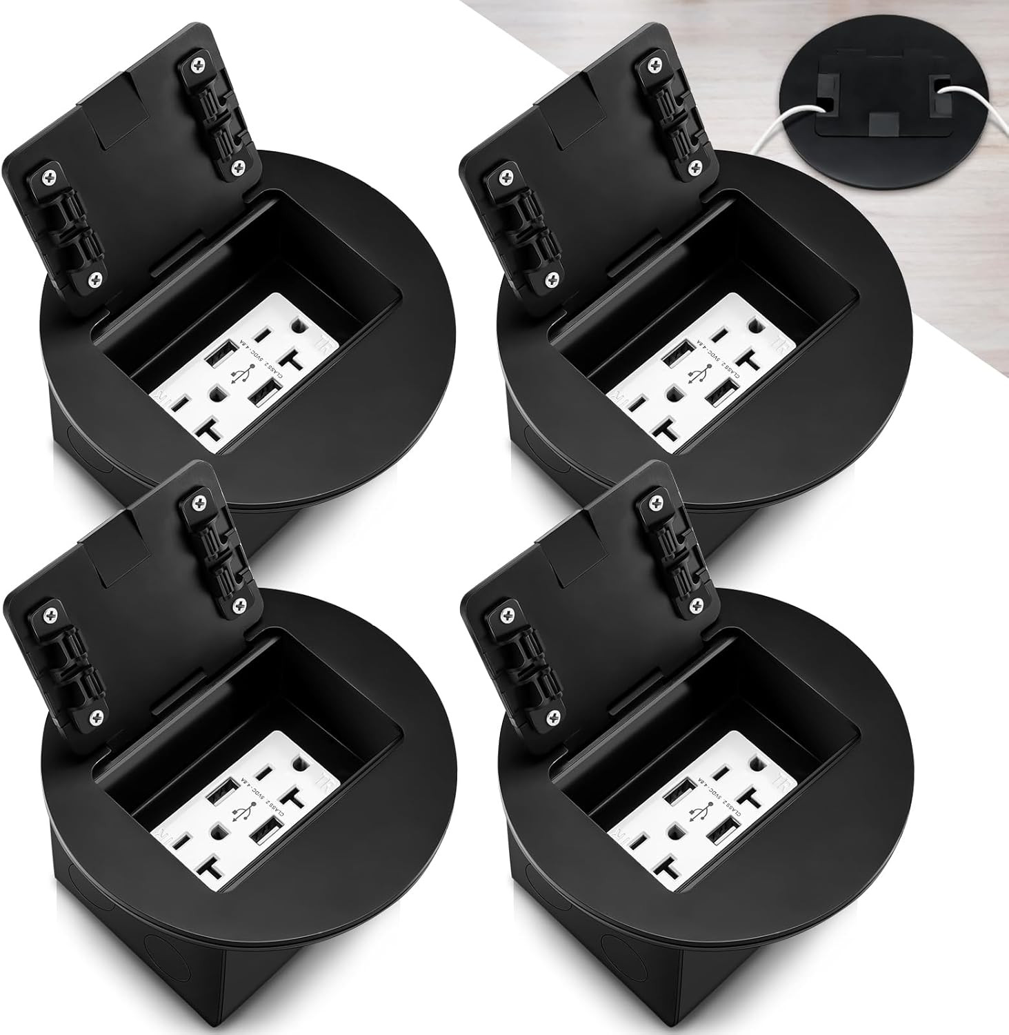 Recessed Floor Outlet 3.98"X3.66"X3.15" 1-Gang with 4.8A USB Chargers 20 Amp Flo