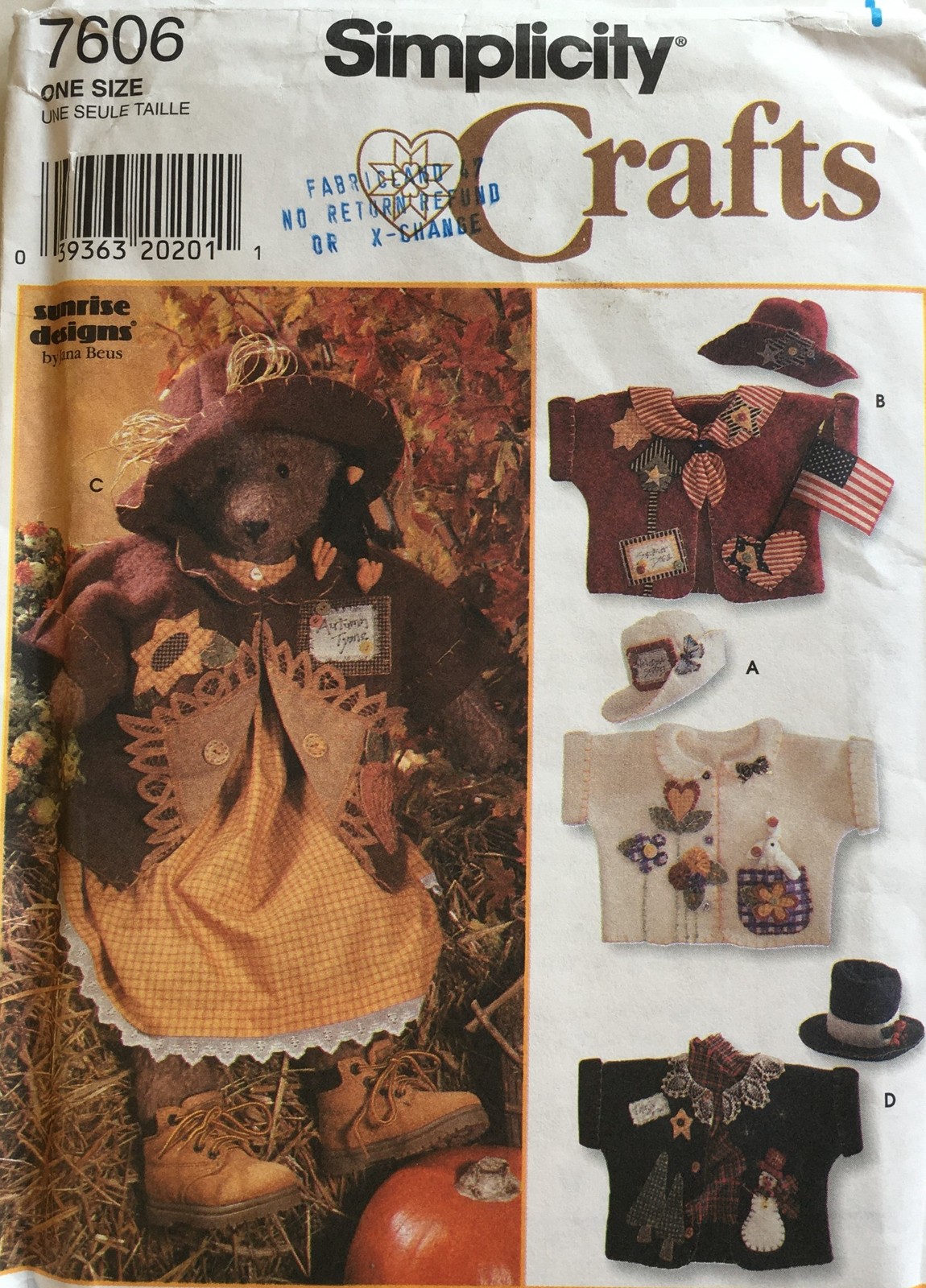 Simplicity Crafts Sewing Pattern 7606 Stuffed Bear doll 31", Clothes + applique