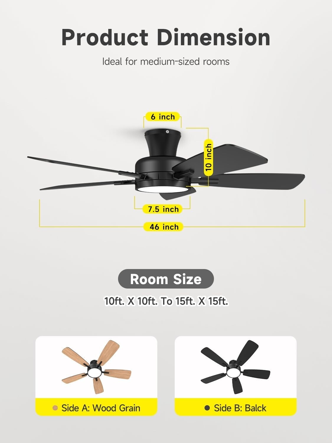 46" Ceiling Fan with Lights, Remote, Reversible, Dimmable, Black Modern Fan