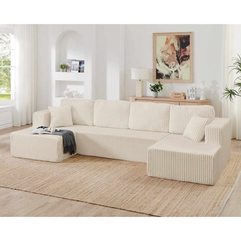 Green Corduroy Modern Sectional Sofa Sleeper 5-Seater Couch