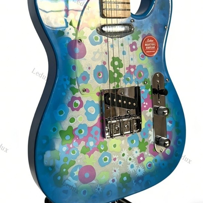Ledux Solid Electric Guitar Stainless Rounded Fret Edge Blue Floral Print