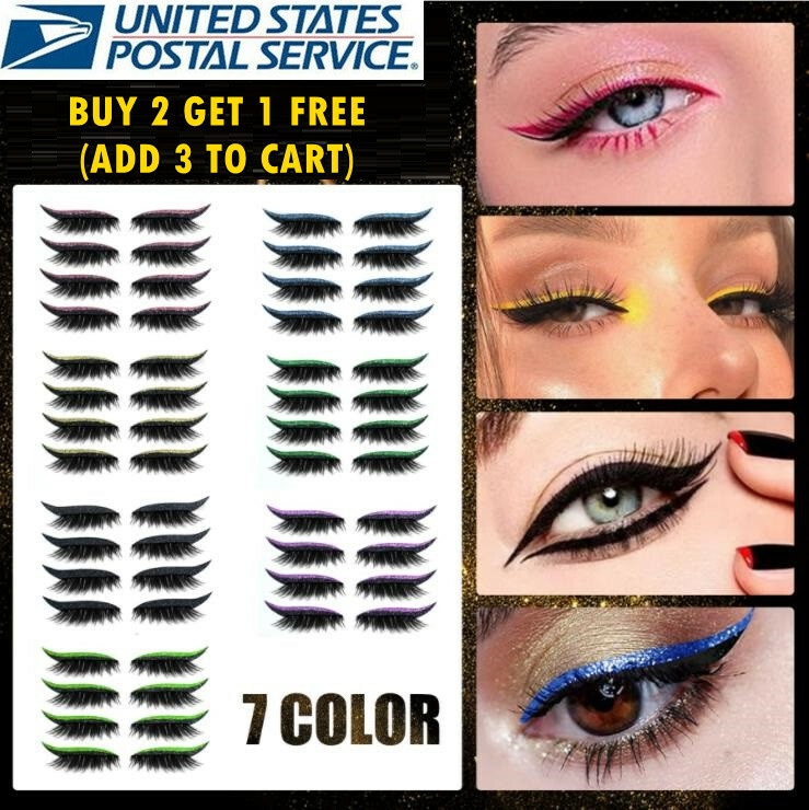 4 Pairs 3D False Eyelashes + Glitter Eyeliner Set Self Adhesive Multi-color Eye