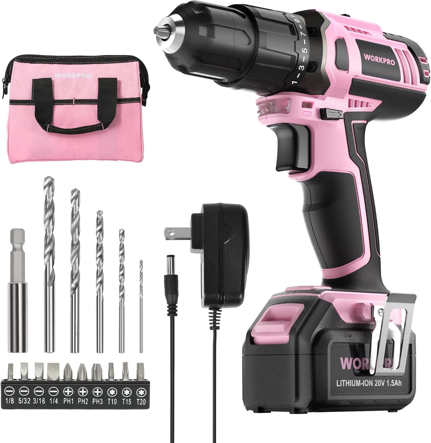 WORKPRO Pink Cordless 20V Lithium-ion Drill Driver Set Charger and Storage Bag