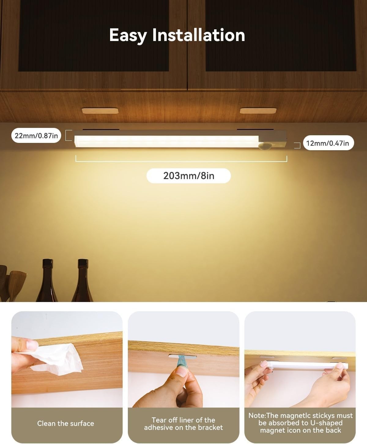 Smart Magnetic Under Cabinet Lighting with Rechargeable Motion Sensor – 3 Pack