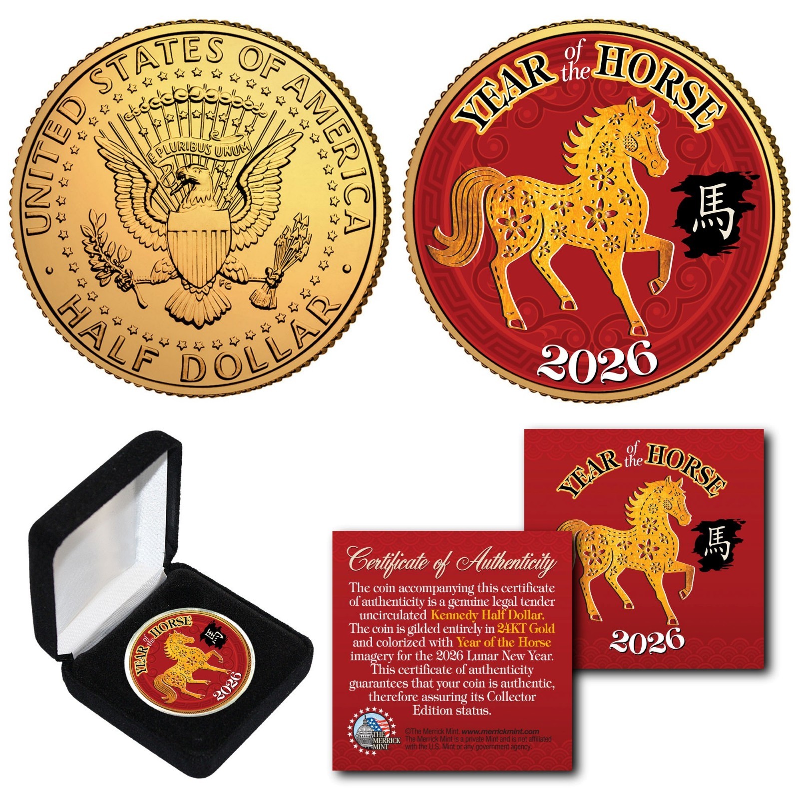 2026 Lunar New YEAR OF THE HORSE 24K Gold Plated JFK Half Dollar US Coin w/ BOX