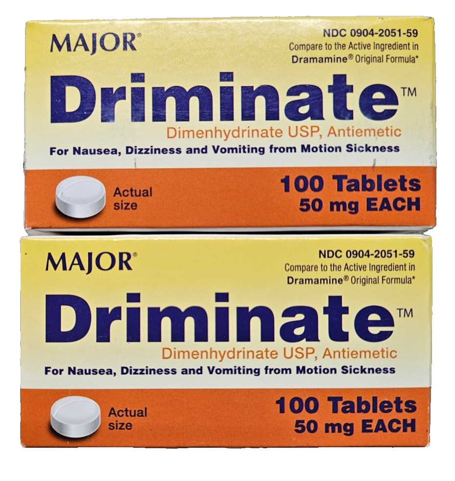 Driminate Motion Sickness Tabs 50mg 100ct (2 pack) ^^ NEW LOOK ARRIVING!