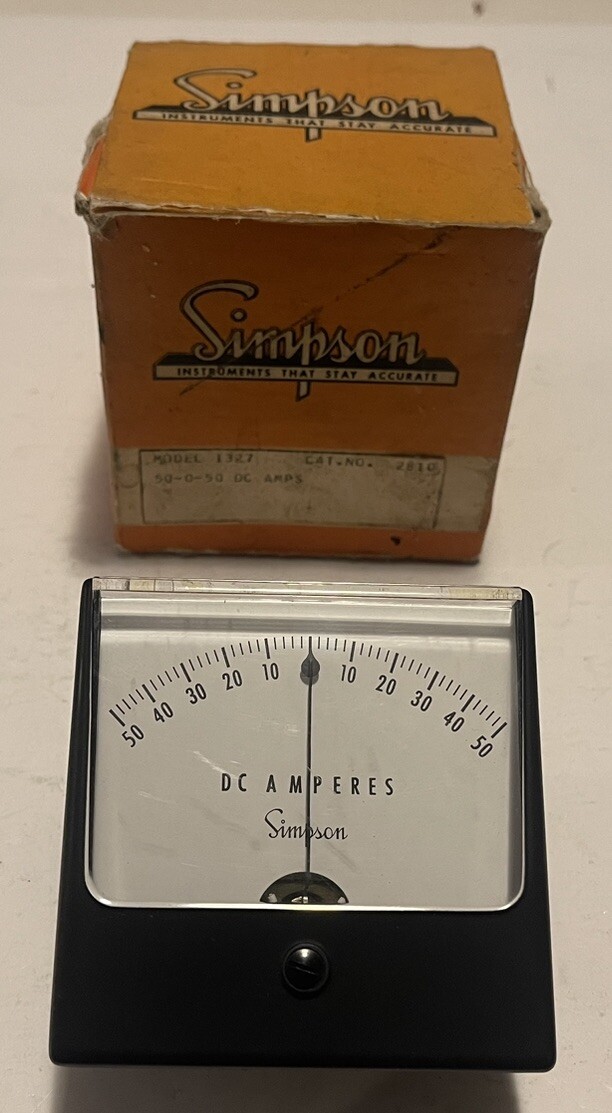 Simpson Model 1327 Panel Meter 50-0-50 DC amperes, Original Box