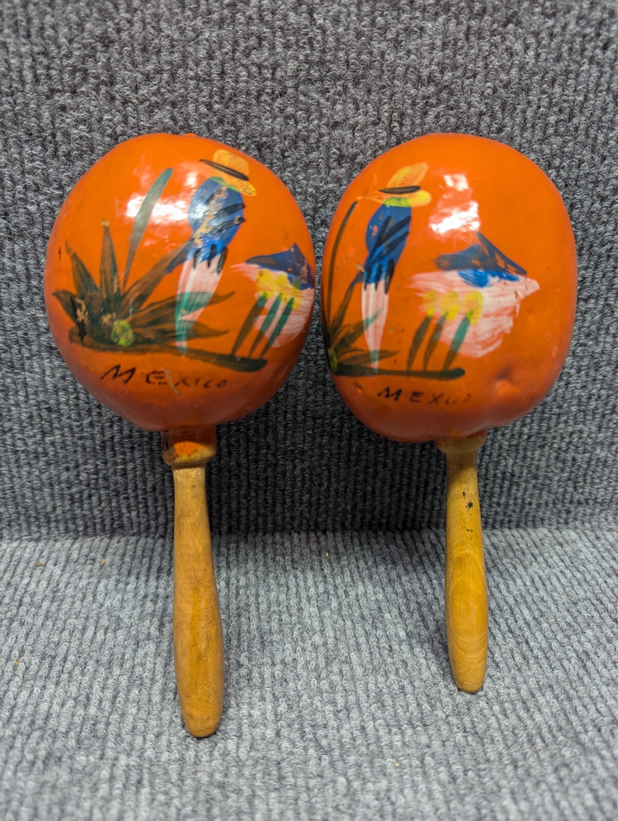 Pair of Hand Painted Mexican Gourd Maracas Wooden Yellow & Orange Shakers Set