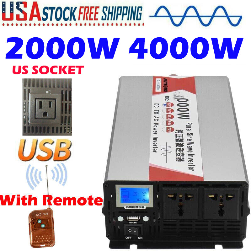 2000W 4000W Peak Pure Sine Wave Power Inverter 12V to 110V Off-Grid LCD USB