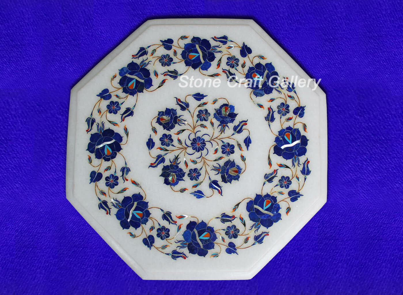 12" Marble Corner Table top handmadeLapis inlay semi precious stones Work