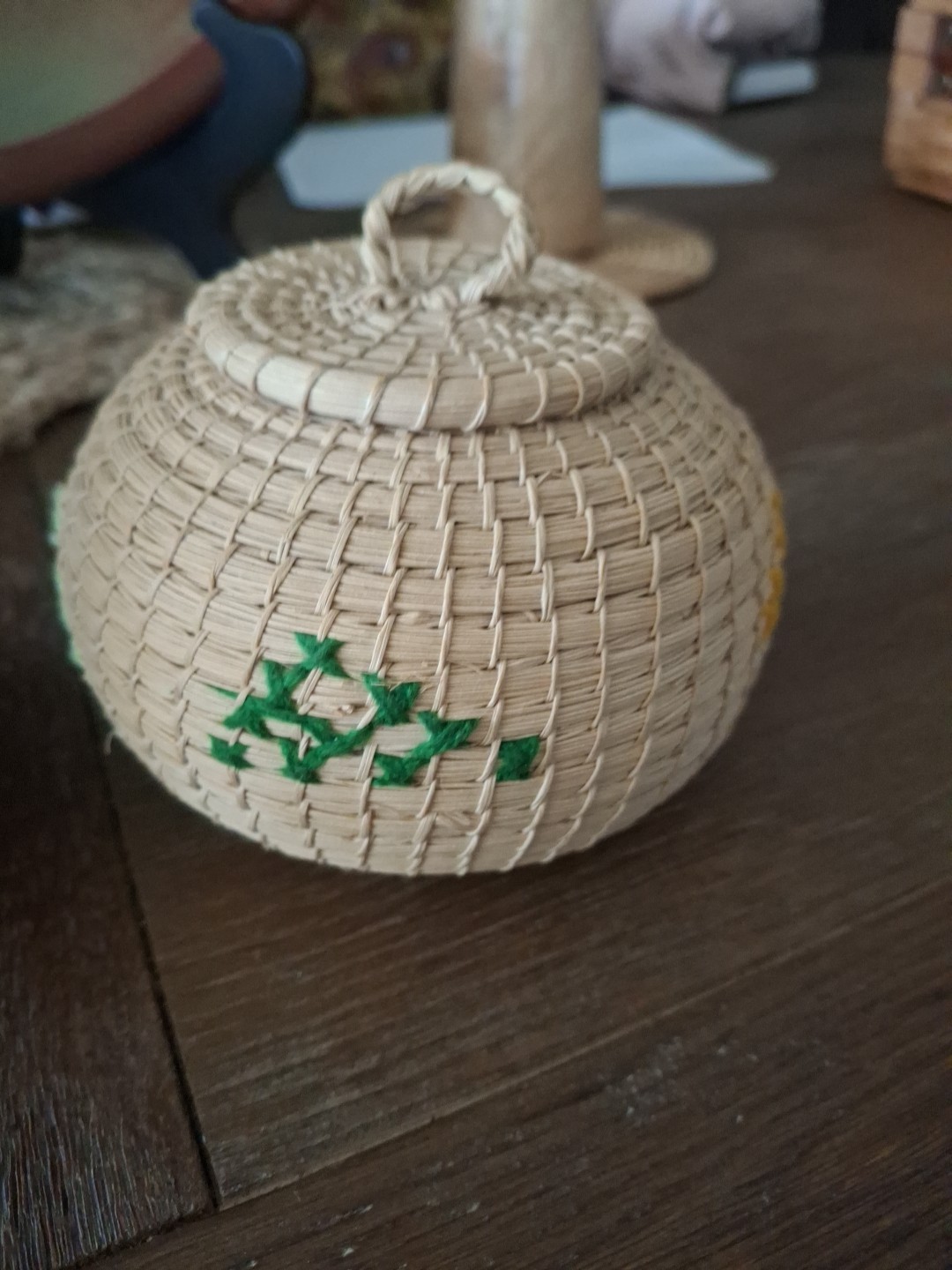 Small Hand Woven Lidded Baskets With Thread work