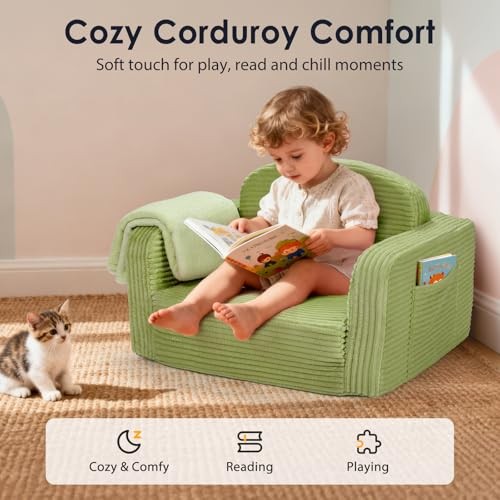 2 in 1 Convertible Kids Couch - Corduroy Fold Out Kids Sofa Chair Medium Green