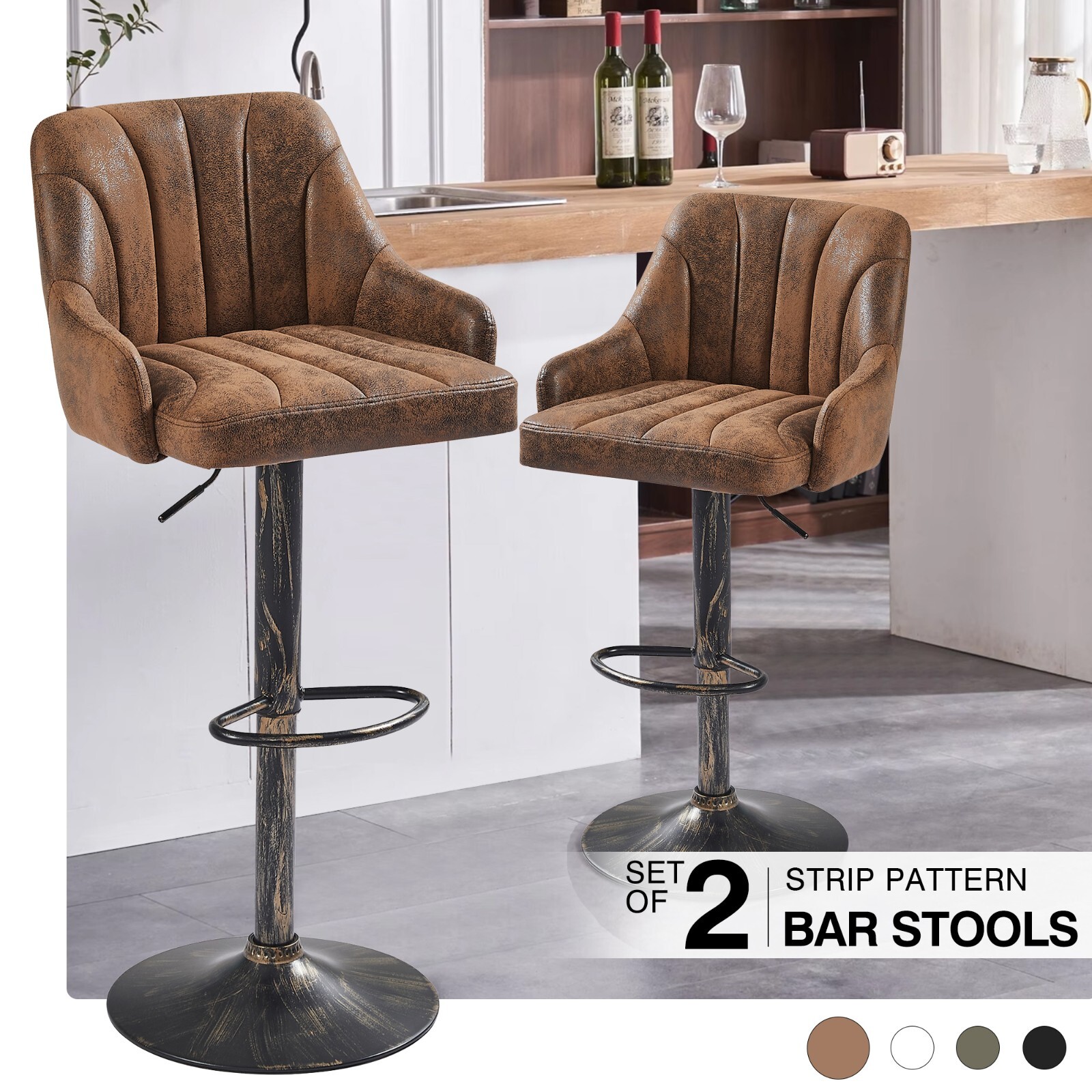 Bar Stools Set of 2 Adjustable Counter Kitchen Dining Swivel Leather Back Chairs