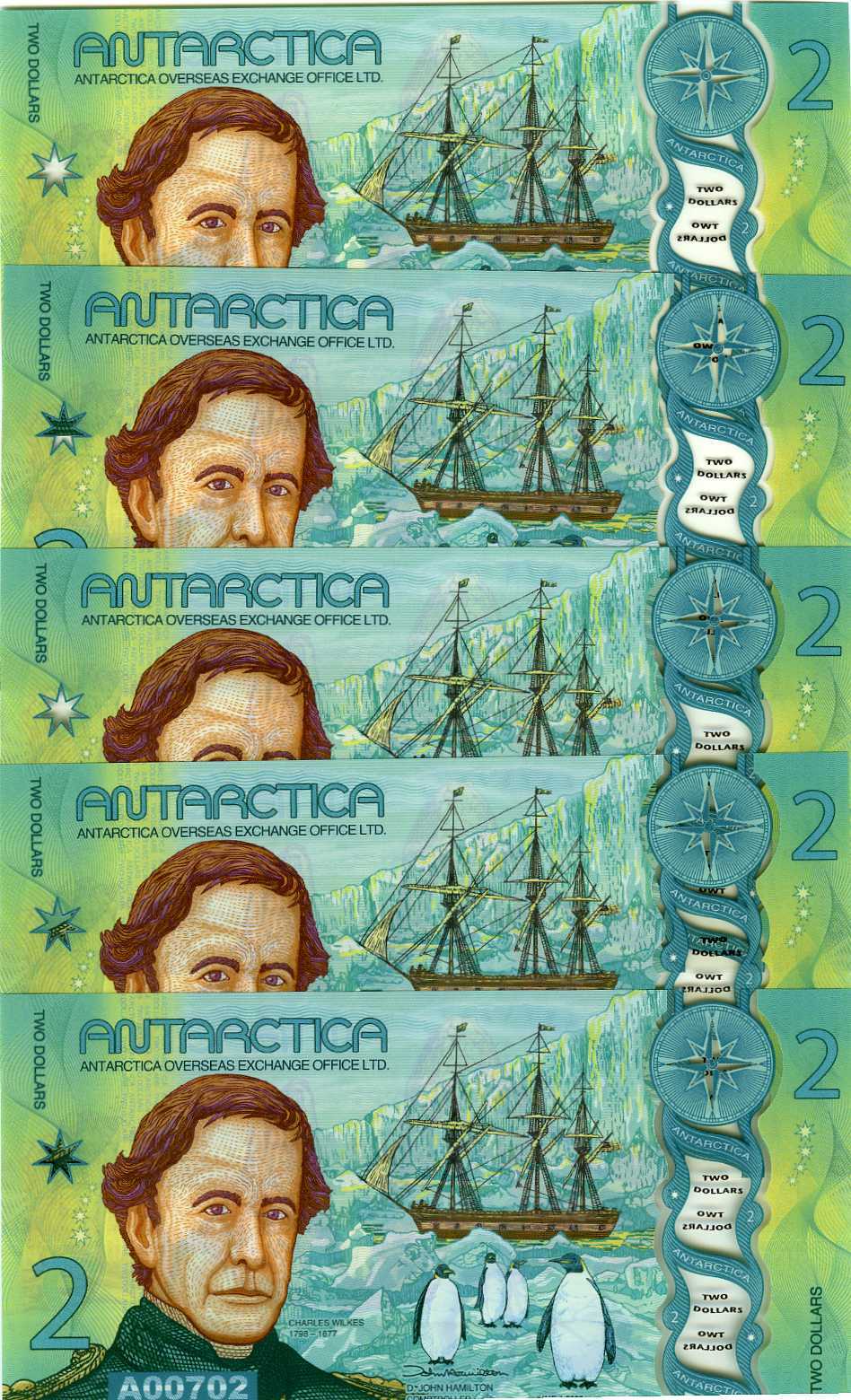 LOT Antarctica, 5 x $2, 2020, Clear Window Polymer, New Design, UNC