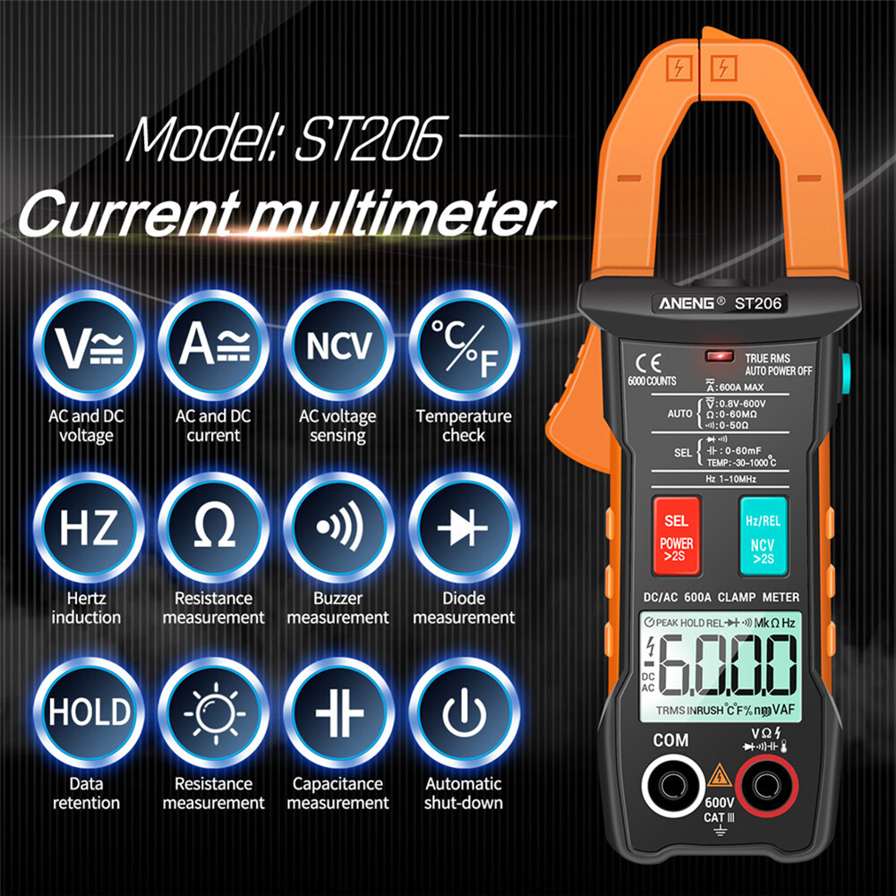 ST206 Digital Clamp Meter Auto Range Electrical Current Tester Measurement Tools