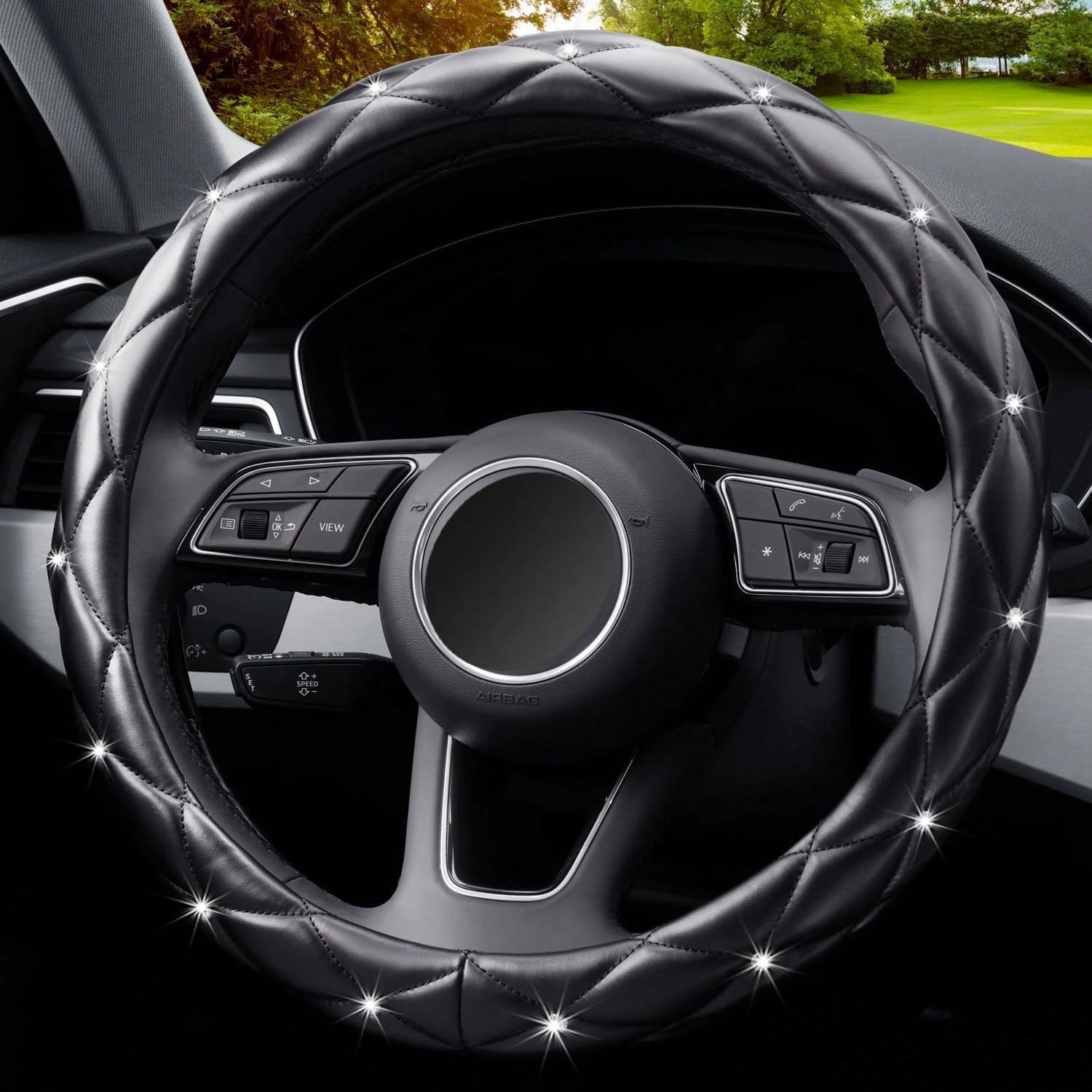 Bling Rhinestone Soft PU Leather Car Steering Wheel Cover Universal 15" for Girl
