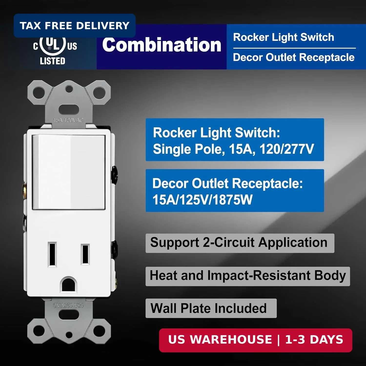 BESTTEN 10 Pack Combination Wall Light Switch and Decor Outlet, Single Pole Rock