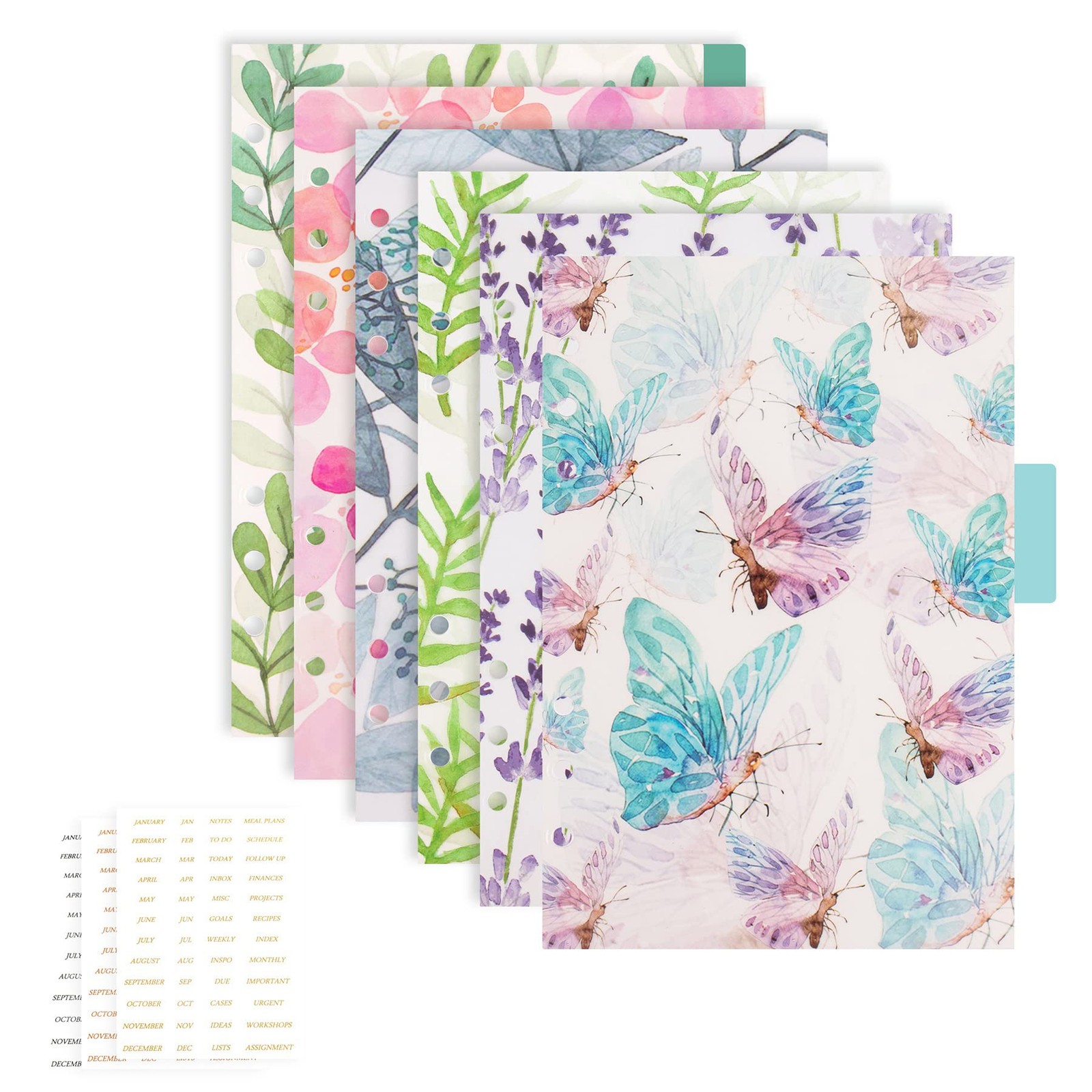 AUEAR, 12 Pack Binder Index Dividers A5 A5, Floral Series With Sticker