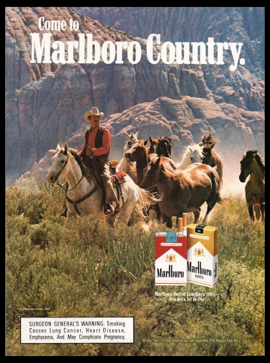 1985 Marlboro Red-cigarette print ad-mini poster-Cowboy Hat, Man,Horses 1980s
