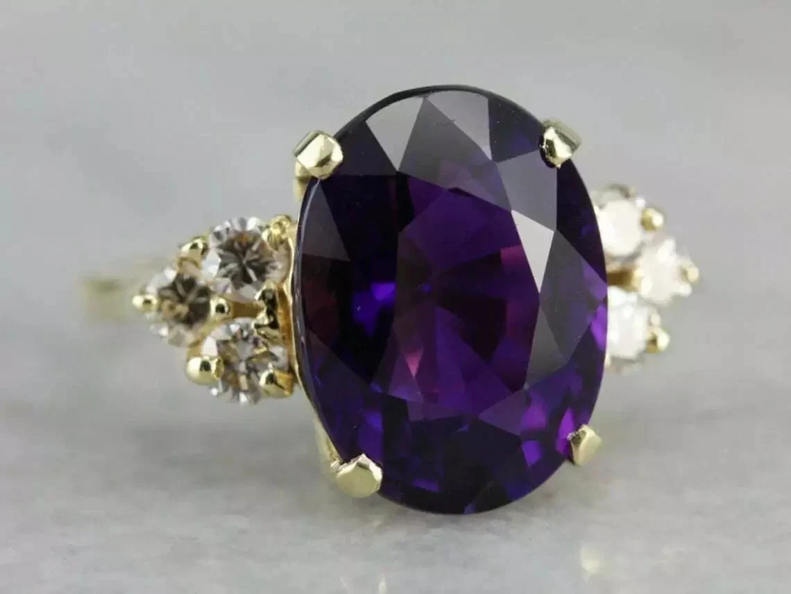 3.50Ct Oval Cut Amethyst Diamond Solitaire Engagement Ring 14K Yellow Gold Over