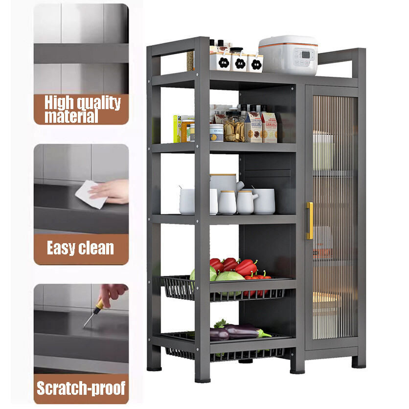 4-tier Kitchen Cabinet with Countertop Shelves Storage Rack With 6-Wheels Black